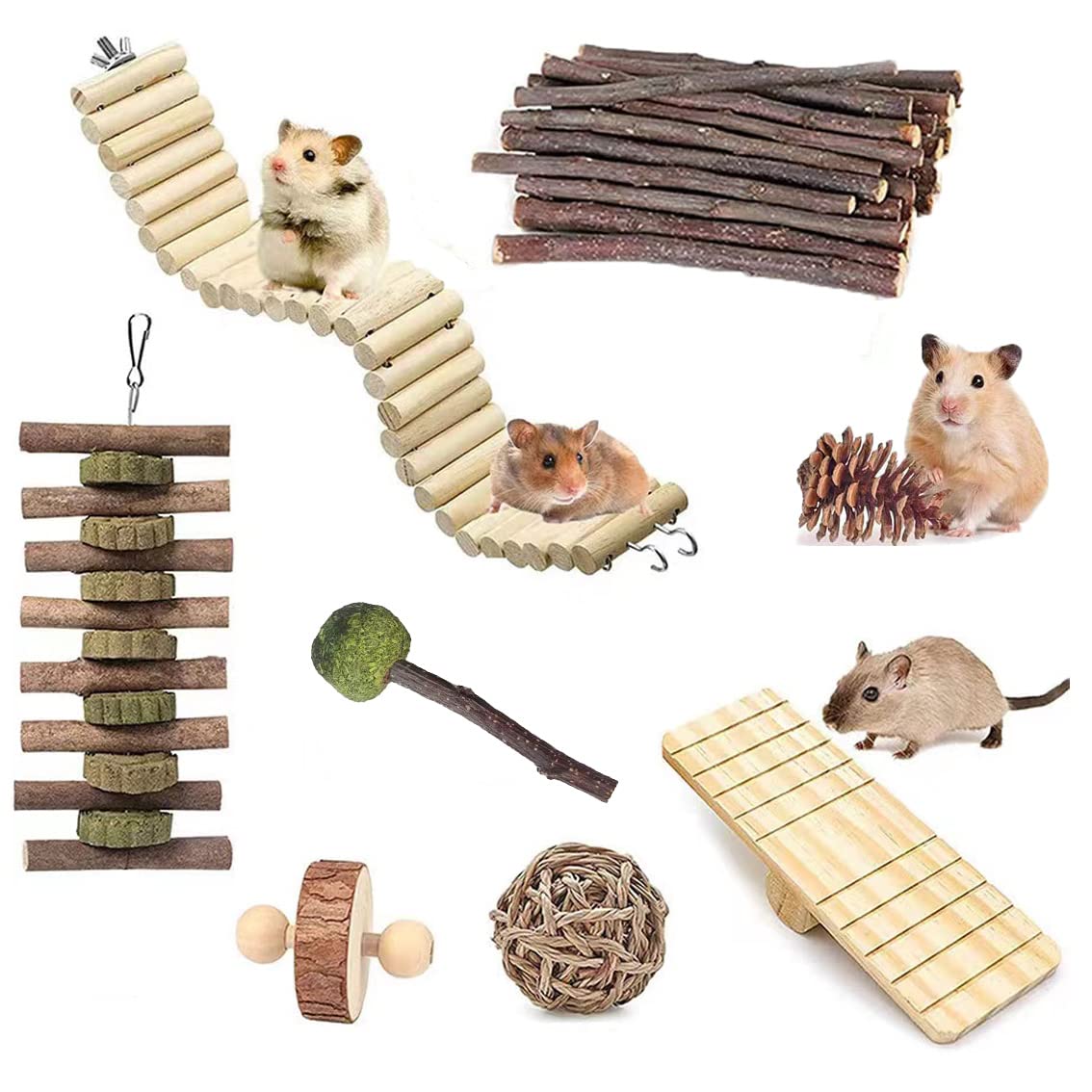 8 Pack Hamster Rabbit Chew Toys Set,Small Animal Activity Toys Accessories Molar Teeth Care,Natural Apple Wood Ladder Bell Roller for Dwarf Hamsters Rat Guinea Pigs Chinchillas Gerbils Bunnies