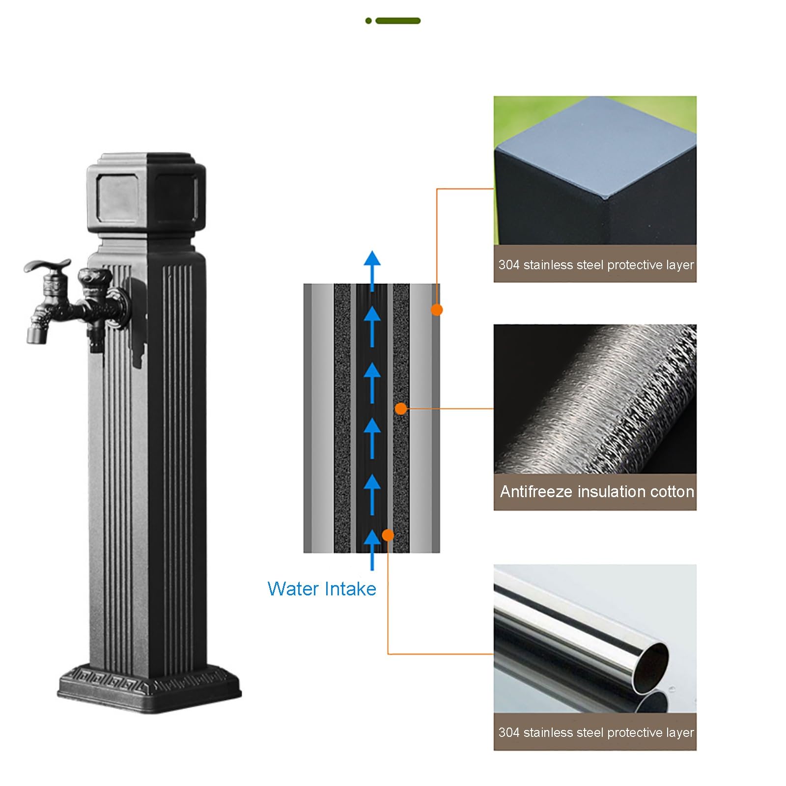 Doppelter Außen Wasserhahn, Freistehende Wassersäule Auslaufhahn for den Garten, Frostsicherer Wasserhahn 1/2 zoll for den Außenbereich, 2 Wassereinlässe(Medium)