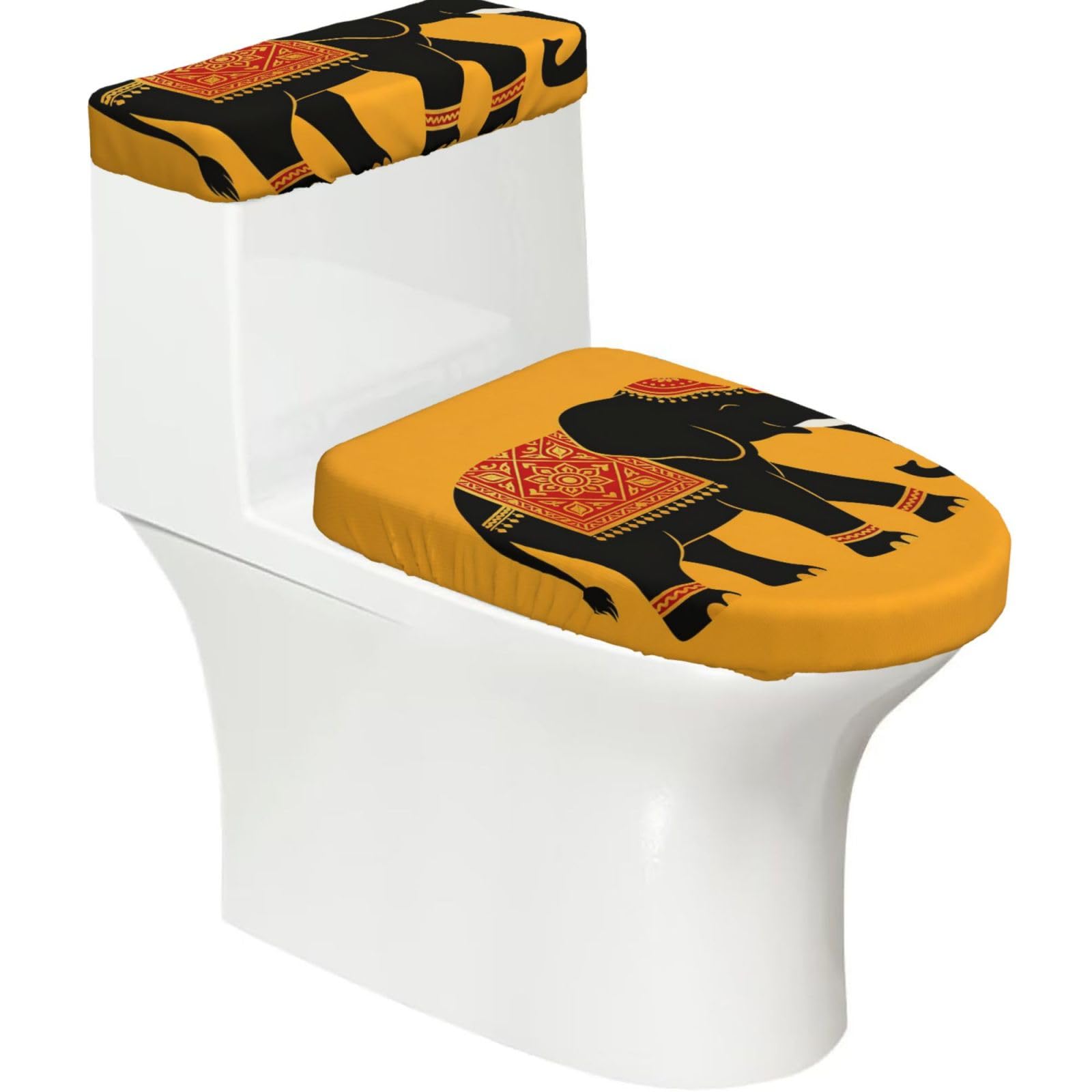 Cntdbu Black Elephant Mandala Elastic Toilet Cover Set Of 2-Stretchy Lid And Tank Covers For Bathroom, Soft Washable U Shape Toilet Decor
