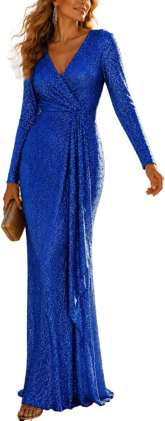Long Sleeve Sequin Dress For Women Formal Gowns Sparkly V Neck Maxi Dress