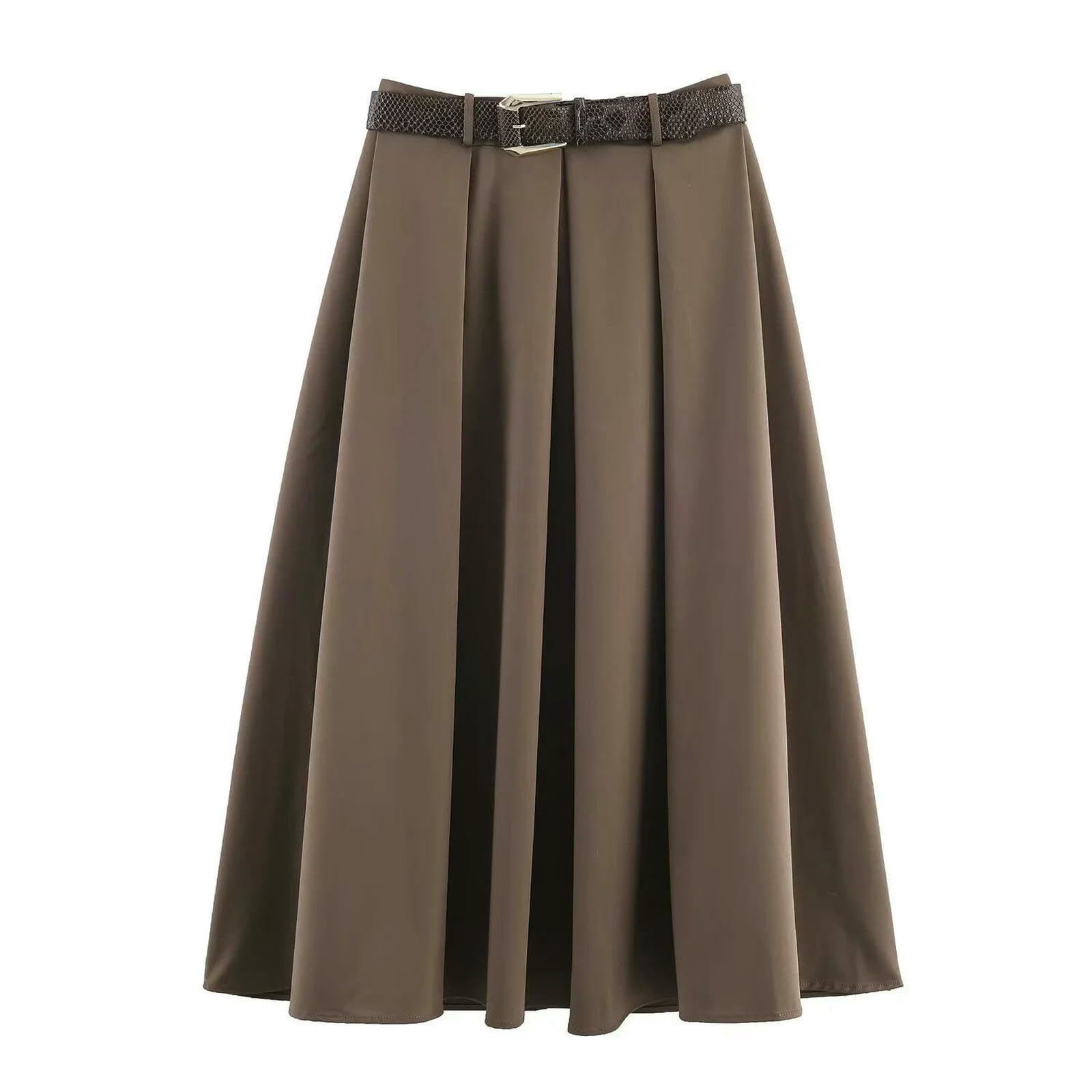 Gonna Lunga Prodotto Autunnale Mezza Midi con Cintura A Trapezio Vita Alta Semplice E Ampia alla Moda Casual da Donna-Marrone-l