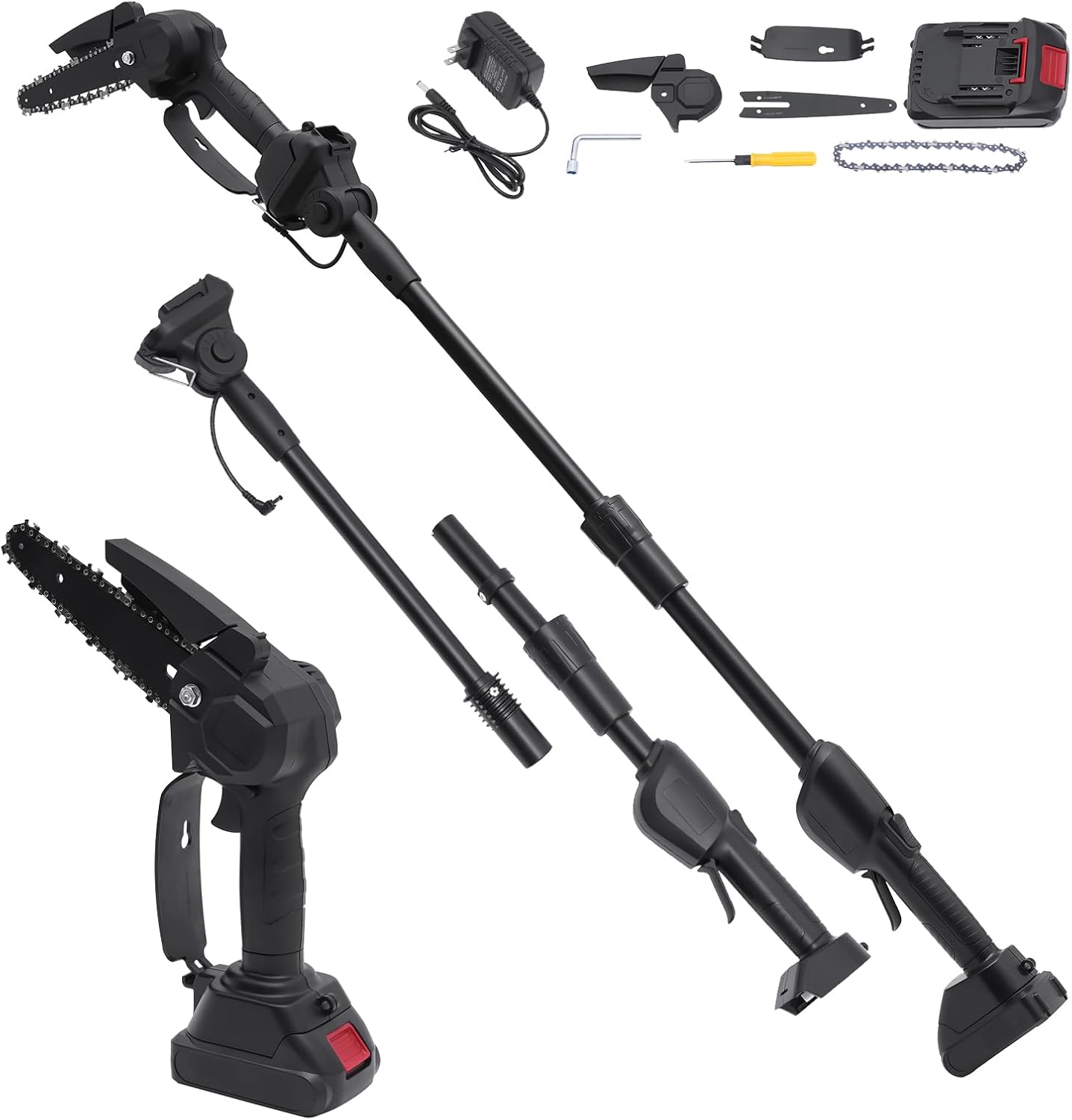 2-In-1 Cordless Pole Saw, Mini Chainsaw 21V 1.0AH Battery Powered Pole Saws with Over with Pole & Angled Head Cordless Power Small Pole Saw for Wood Cutting, Garden Pruning, Tree Pruning