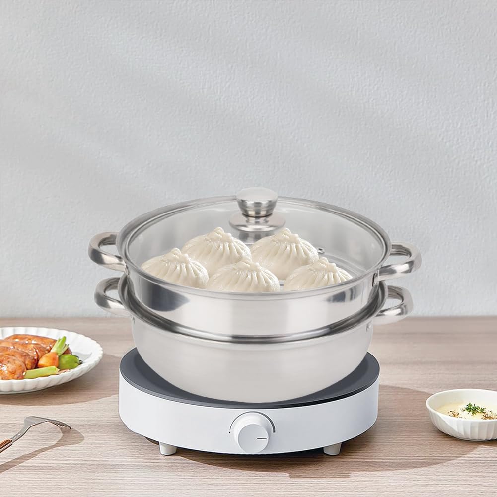 Tiiyee Steamer For Cooking, Vaporera De InduccióN Apilable Para Papas Mini Con Tapa Vidrio Cocinar Vapor Acero Inoxidable 2 Capas Olla Doble Caldera DiseñO Poroso Carne Y Ver Utensilios Cocina