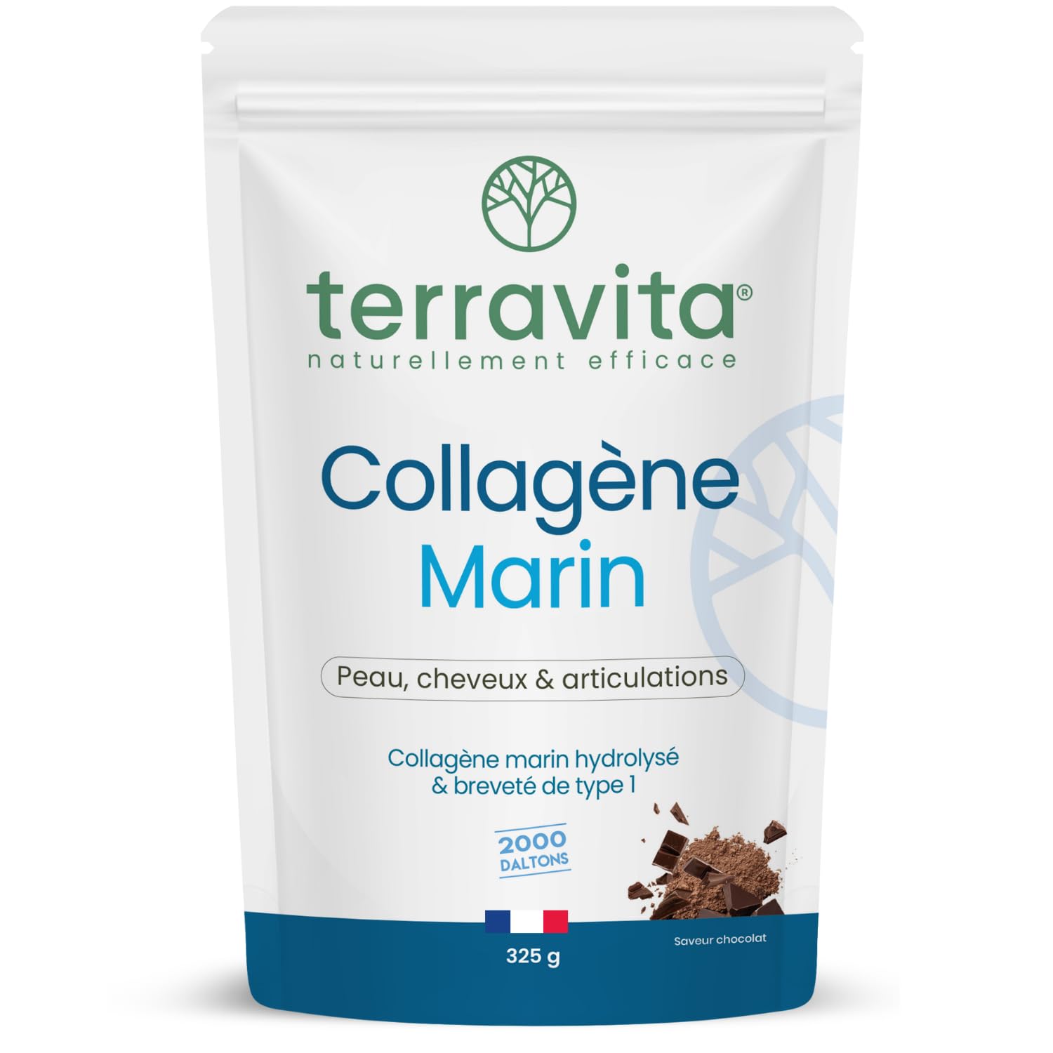 COLLAGÈNE MARIN Breveté en Poudre | 325 Grammes de Peptides de Collagène Purs de Type 1 | Articulations Souples, Peau Lisse et Hydratée | Goût Chocolat | Filière 100% Française | Terravita