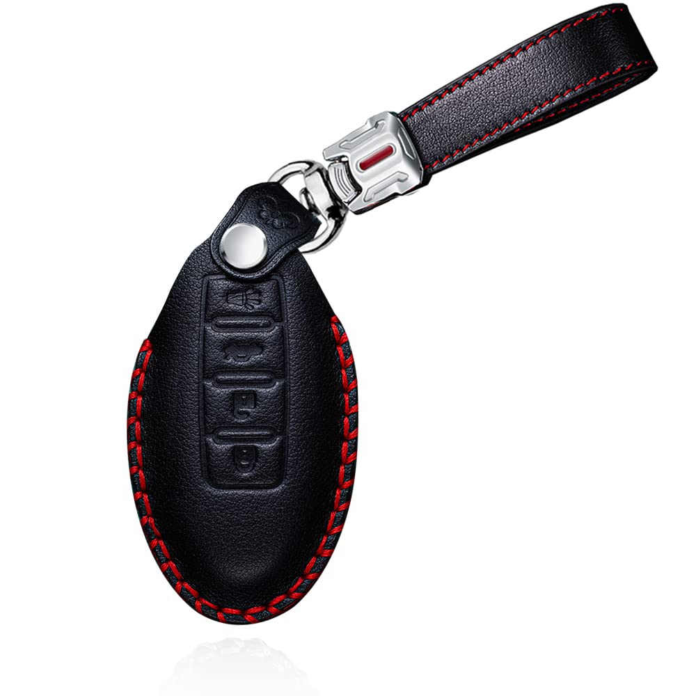 HIBEYO Smartkey Key Case Fits Nissan Leather Protective Case Car Key Case for Nissan X-Trail Tiida Teana Qashqai Pathfinder Sentra Juke Key Case 4 Button A Black