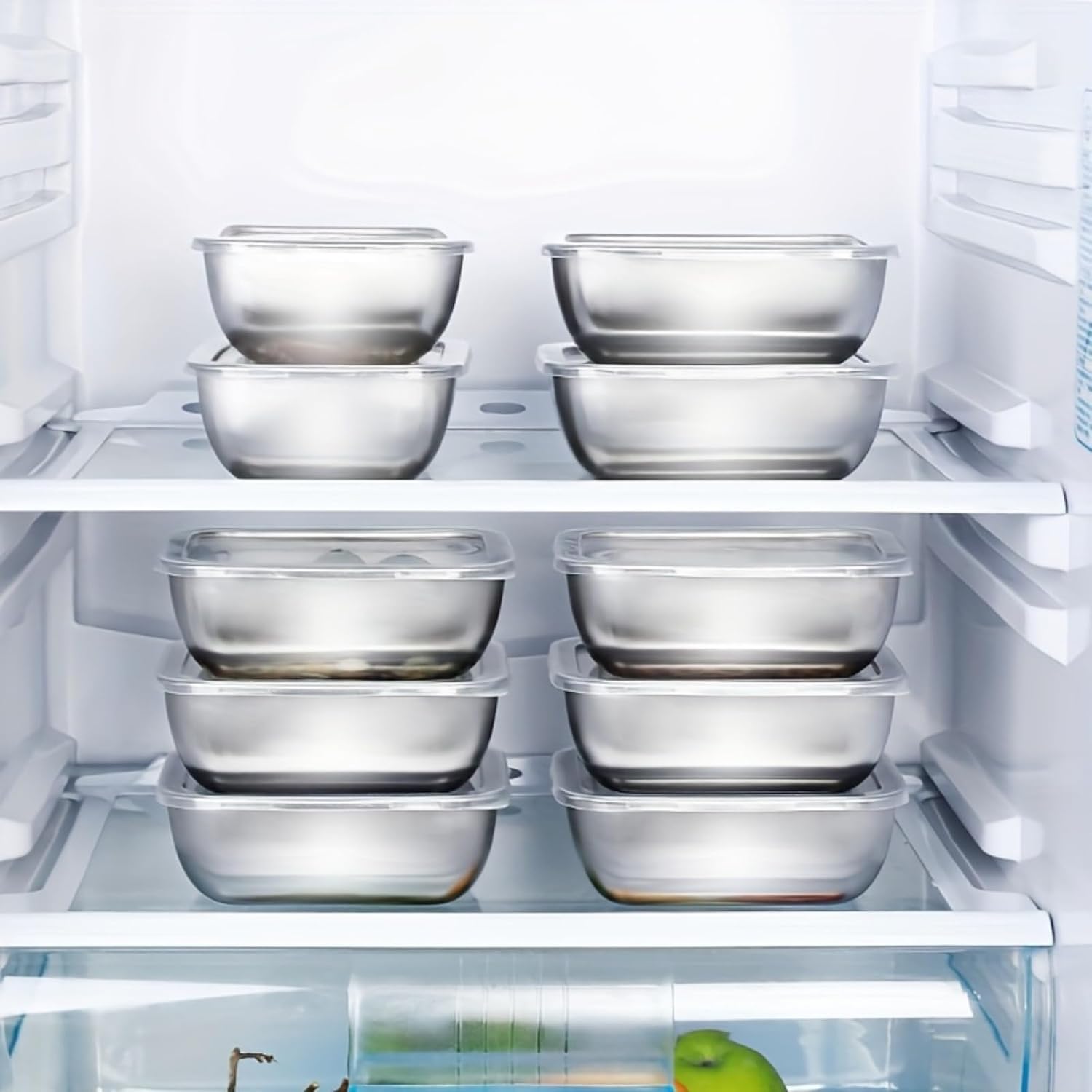 Pacote com 5 recipientes de armazenamento de alimentos de aço inoxidável com tampas transparentes para organização de geladeira, recipientes de cozinha empilháveis para preparação de refeições