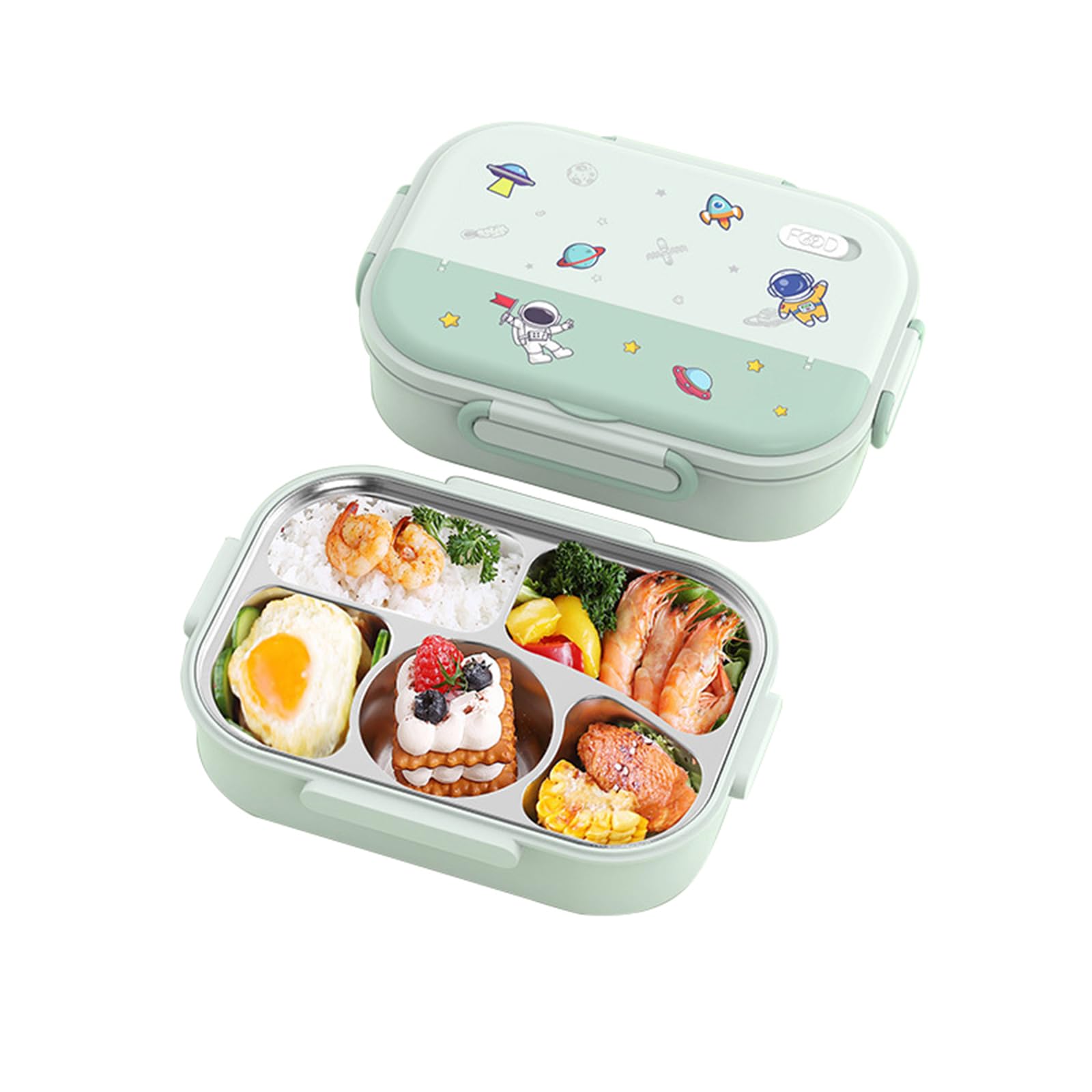 Boîte à bento pour enfants, jolie boîte à déjeuner imprimée pour l'école, récipient alimentaire à 5 compartiments (vert)