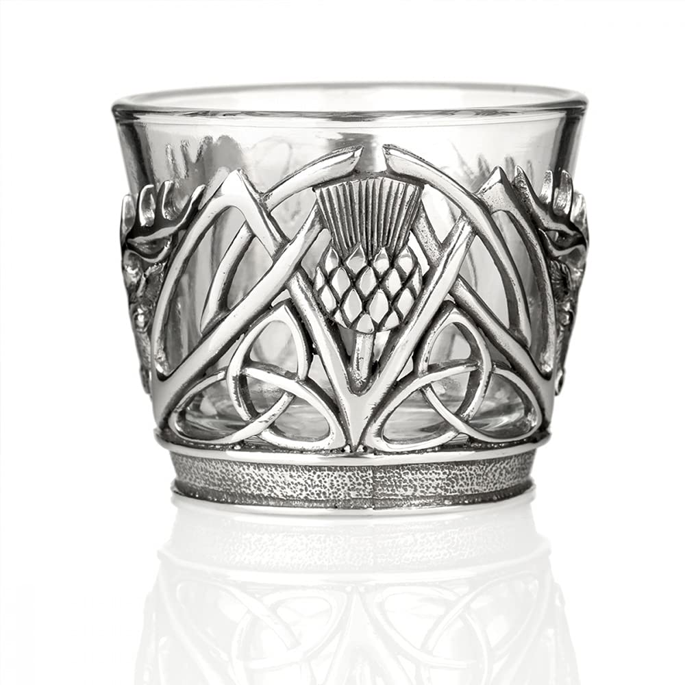 Stag & Thistle Teelichthalter aus Glas & Zinn - schottischer Hirsch & Distel