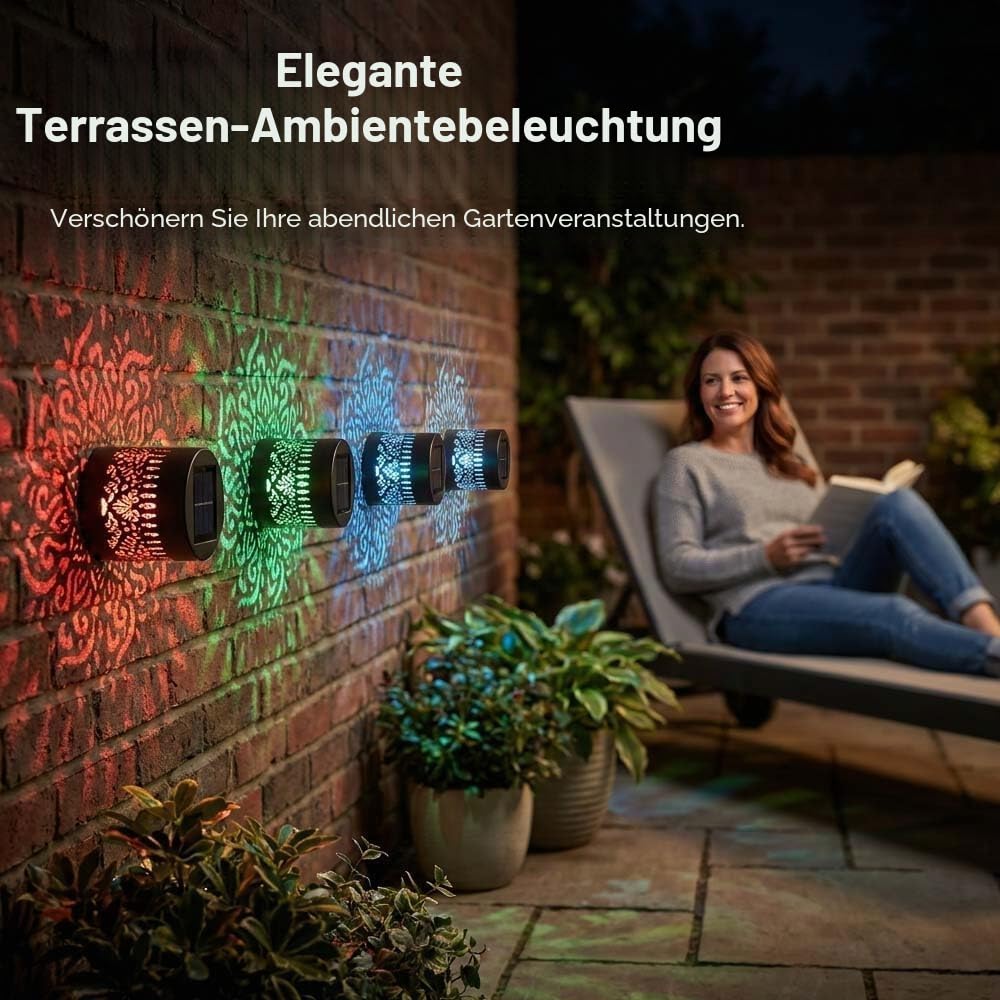 Solar Mandala Wandleuchte für den Außenbereich, Gartenzaun-Projektorlampe, 2026 neue dekorative Solar-Mandala-Lichter, wasserdichte Metalldeck-Stufenzaunleuchte für Garten, Hof, Hinterhof (4PCS)