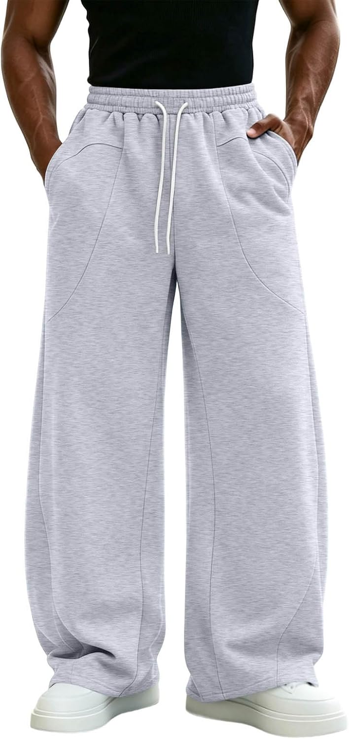 Mens Sweatpants Elastic Waist Drawstring Wide Leg Loose Fit Trouser