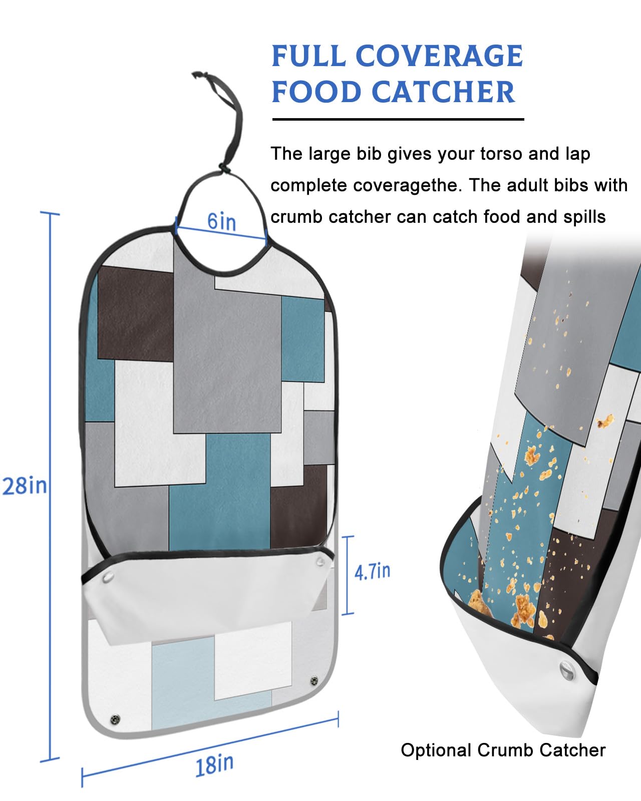 LEOKOTI Blue Grey Black Geometric Adult Bibs for Eating, Waterproof Bibs with Food Catcher & Adjustable Snap Closure, Middle Century Art Abstract Aesthetics Clothing Protectors Adult Bibs for Elderly