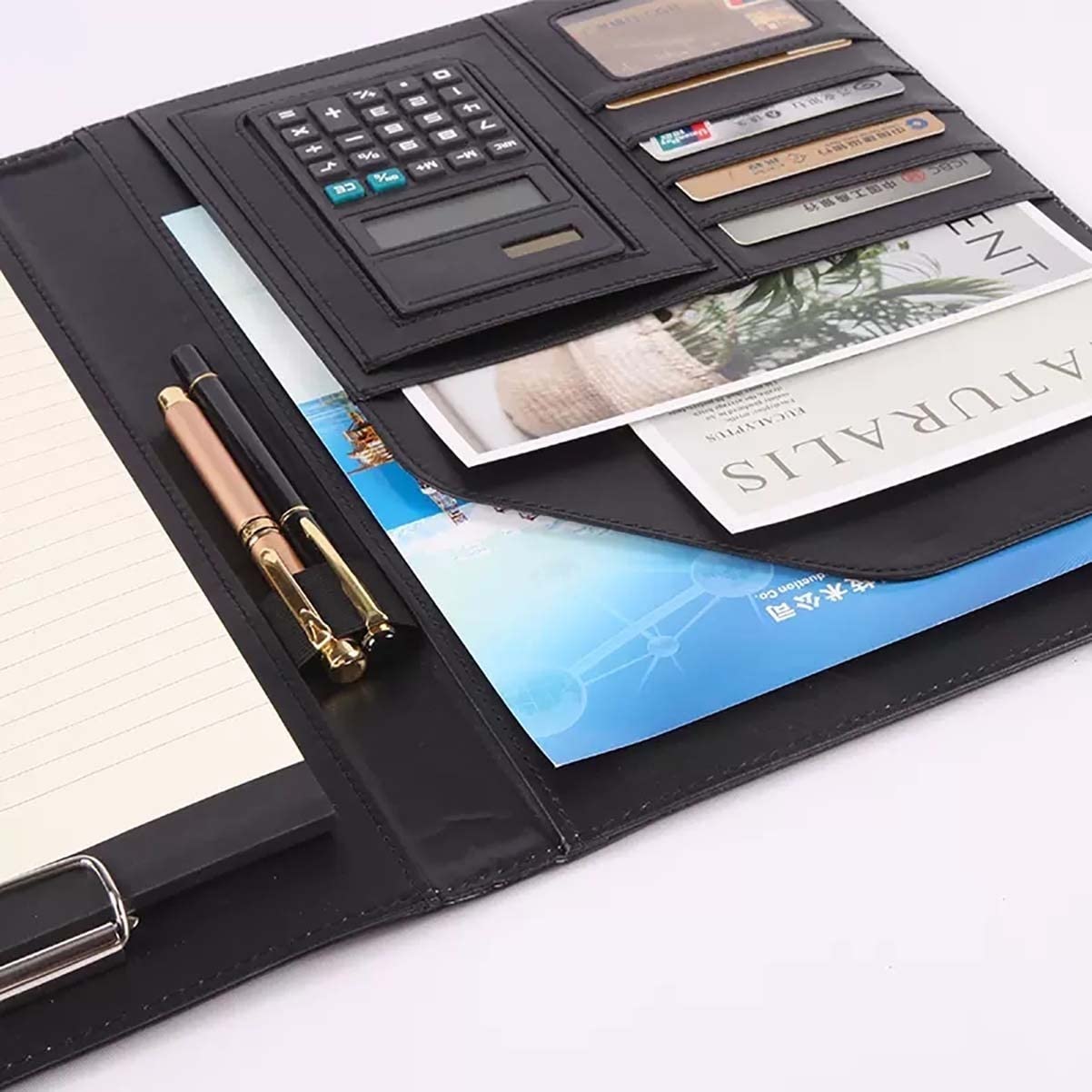 Teczka konferencyjna Organizer na dokumenty， Teczka A4 z schowkiem i miejscem do przechowywania, skórzana teczka z organizerem i notesem(Svart,12digit+Memo pad*5)