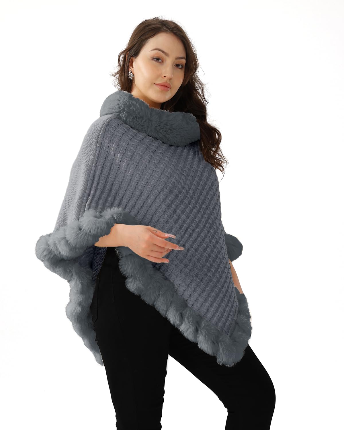 Poncho d’Hiver Femme Cape Chaud Manteau en Fausse Fourrure Tricoté Élégante Chale pour l' Automne Hiver