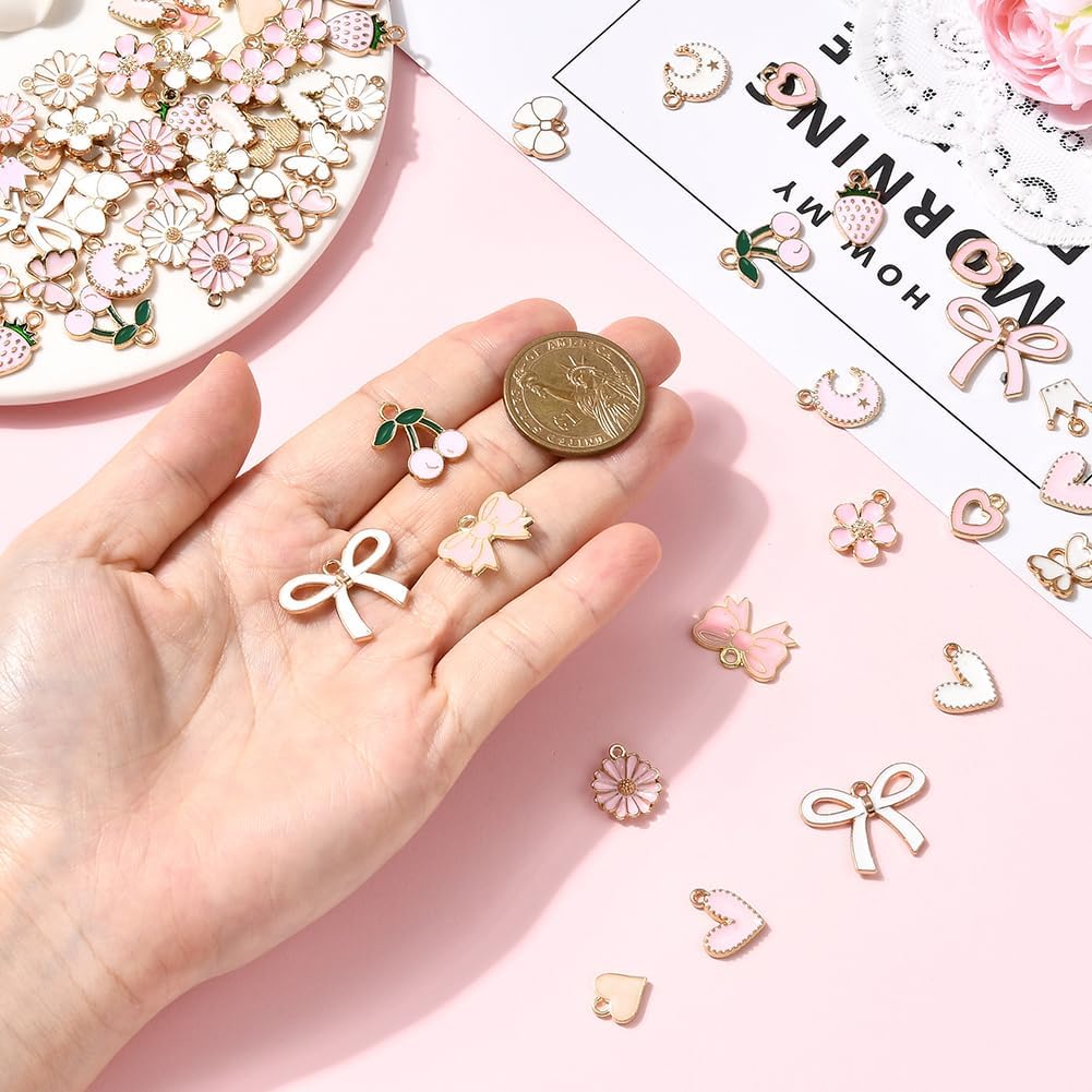 SUNNYCLUE 1 Box 80Pcs 20 Styles Assorted Pink Charms Metal Enamel Charms Bulk Alloy Coquette Bowknot Flower Heart Butterfly Crown Moon Star Pendants for Jewelry Making Bracelets Earrings DIY Crafts - Image 4