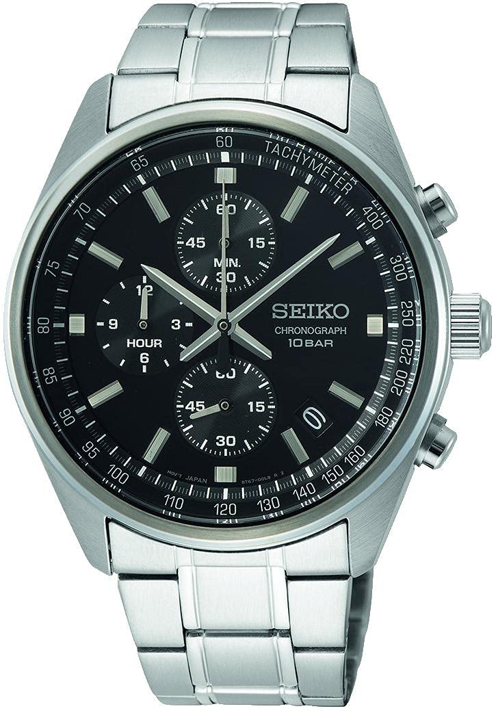 Seiko Męski zegarek kwarcowy ze stali nierdzewnej z paskiem ze stali nierdzewnej, Czarny, Chronograf