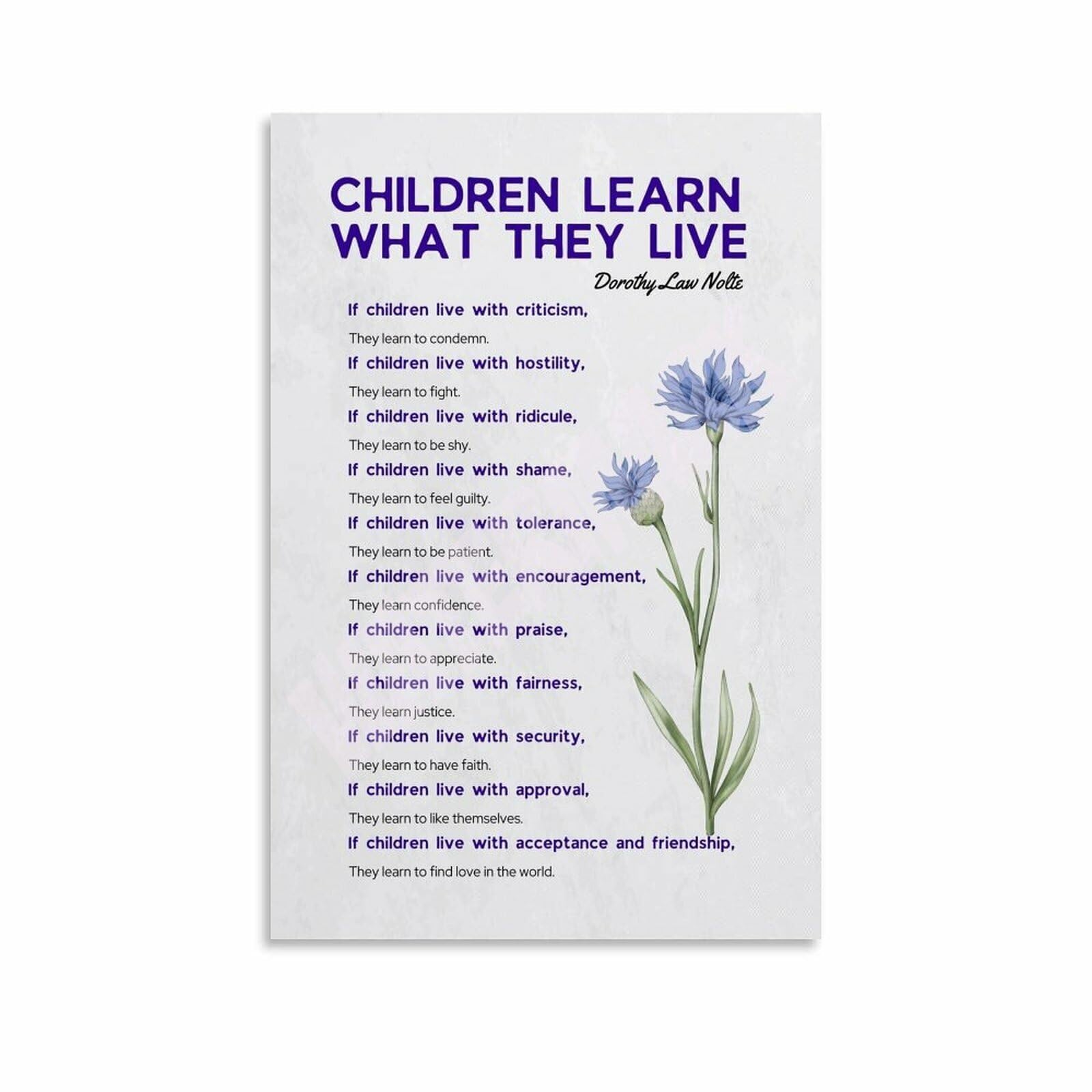 RNUMLIGH Learn What They Live Poem Canvas Wall-Art Inspirational Parenting Quote for Bedroom Nursery or Playroom​(Framed,16x24inch(40x60cm))