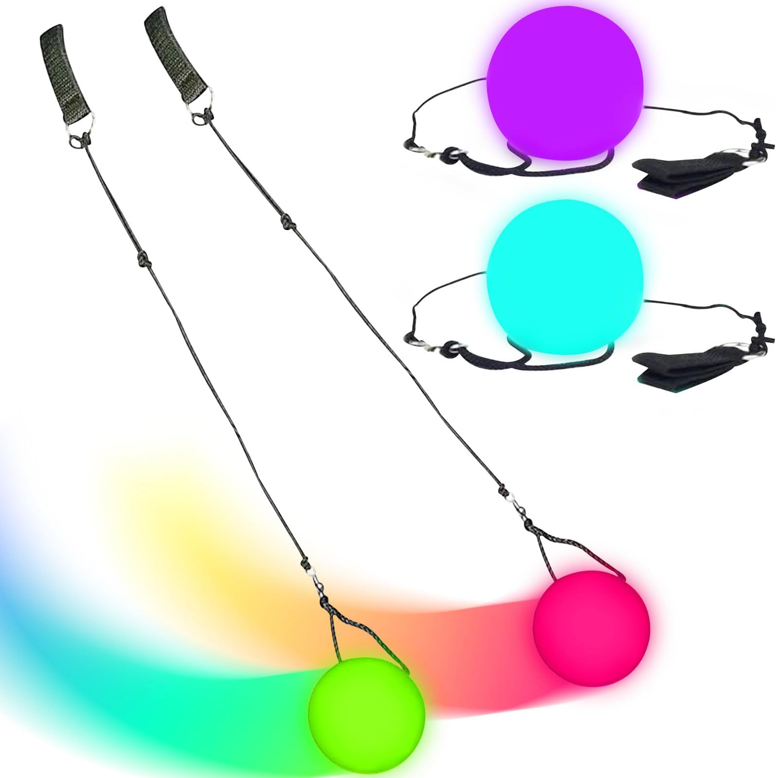 Funmo LED Poi, Pack of 2 LED Poi Balls, POI Juggling Balls for Beginners and Professionals, Rainbow Fading and High Strobe with Adjustable Double Loop Lines