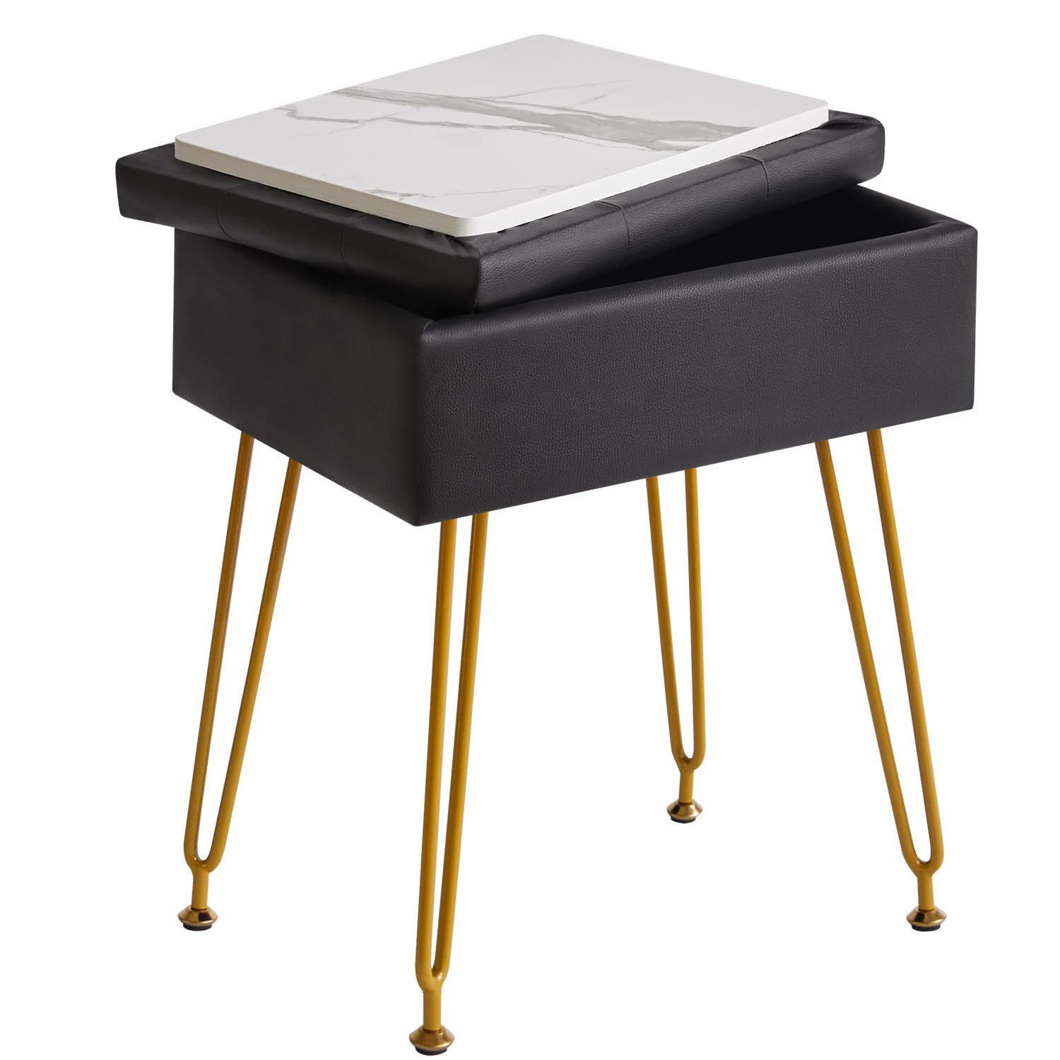 IBUYKE Multifunzionale Stoccaggio Vanity Sgabello con Flip Table, Gambe in Metallo Regolabili & Pelle PU - 40x30x48cm Poggiapiedi ottomano per Trucco, Soggiorno, Ingresso Nero WBD014B