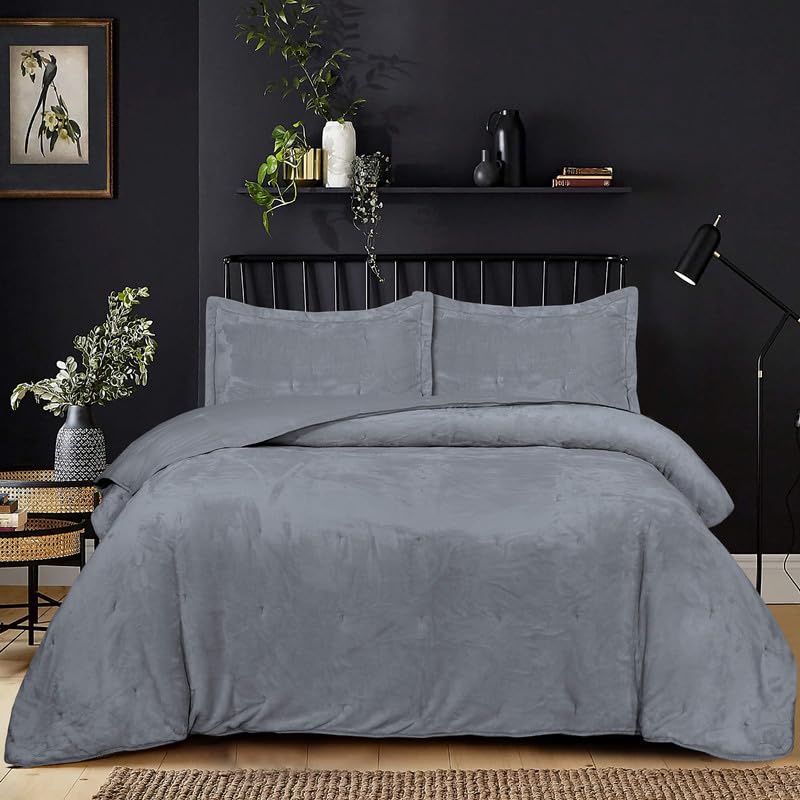 Fit Even Quilt Faux Fur Velvet 3 Piece Bedspreads 3 Piece Set - Coverless Bespread, Comforter Throw, For All Season Lightweight Warm Bedding Sets With 2 Pillow Shams (Grey, Double)