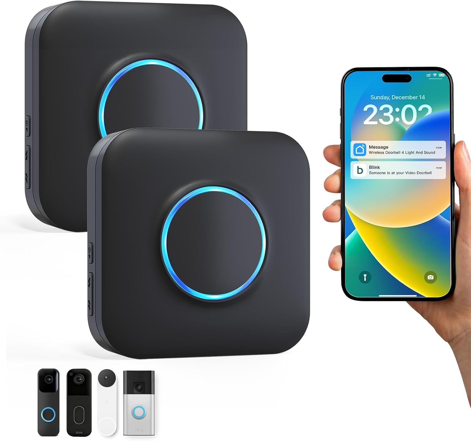 Smart WiFi Wireless Doorbell Chime for Google Nest, Ring, Blink – App-Connected with 58 Music, 5 Adjustable Volume & LED Light, No Wiring Required (2pack, Black)