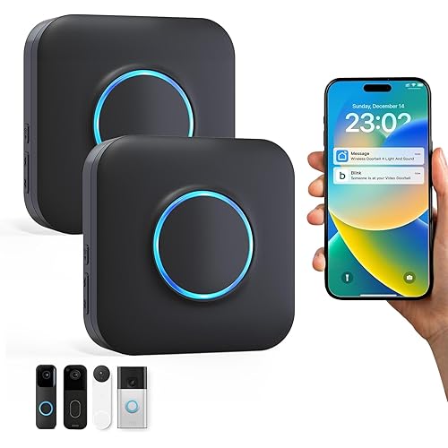 Smart WiFi Wireless Doorbell Chime for Google Nest, Ring, Blink – App-Connected with 58 Music, 5 Adjustable Volume & LED Light, No Wiring Required (2pack, Black)