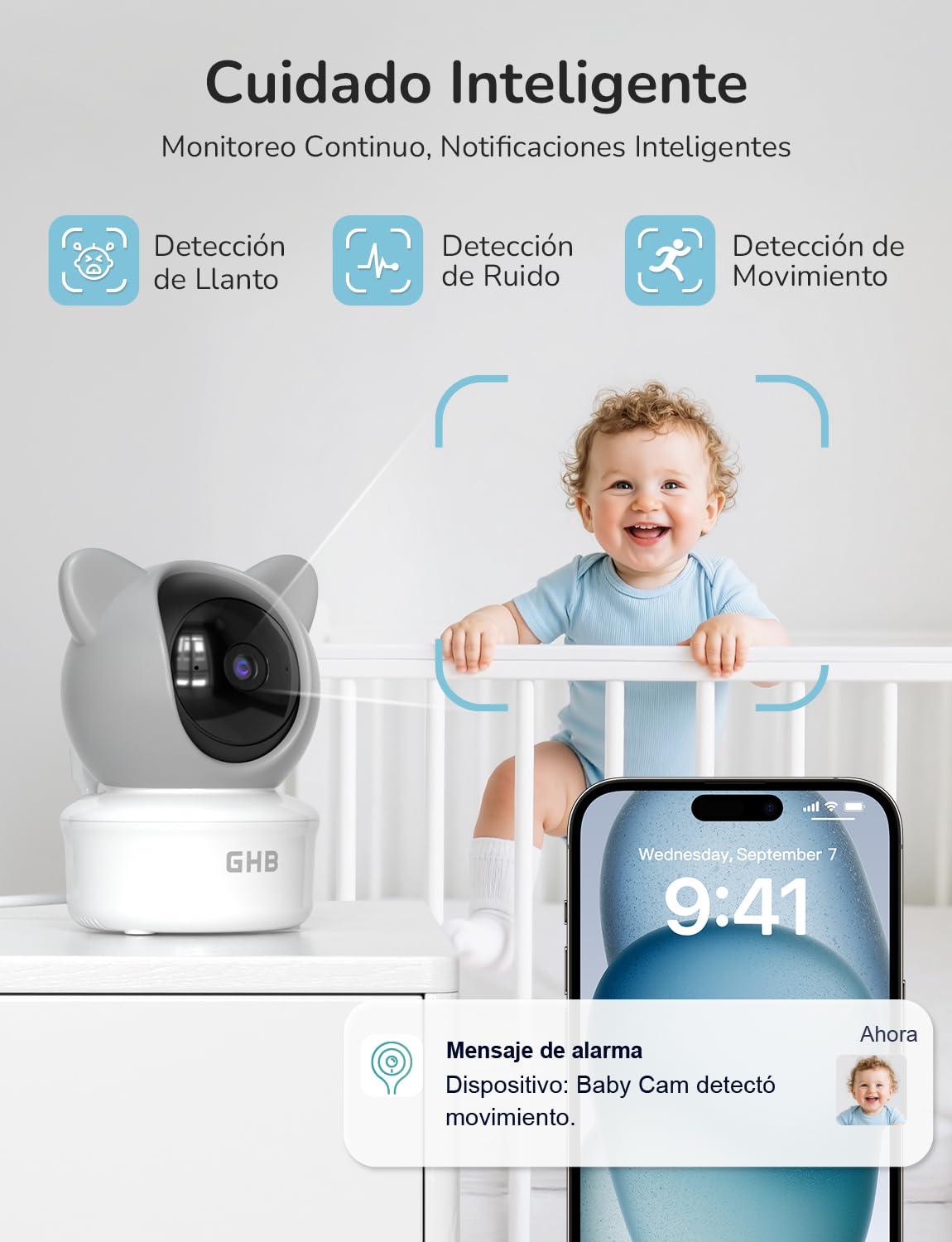 GHB Camara Vigilancia Bebe App WiFi 2K 5 Pulgadas Vigilabebes con Camara PTZ 350°/65° Detección de Movimiento/Sonido/Temperatura/Humedad Visión Nocturna 4XZoom VOX Control de Monitor y Movil
