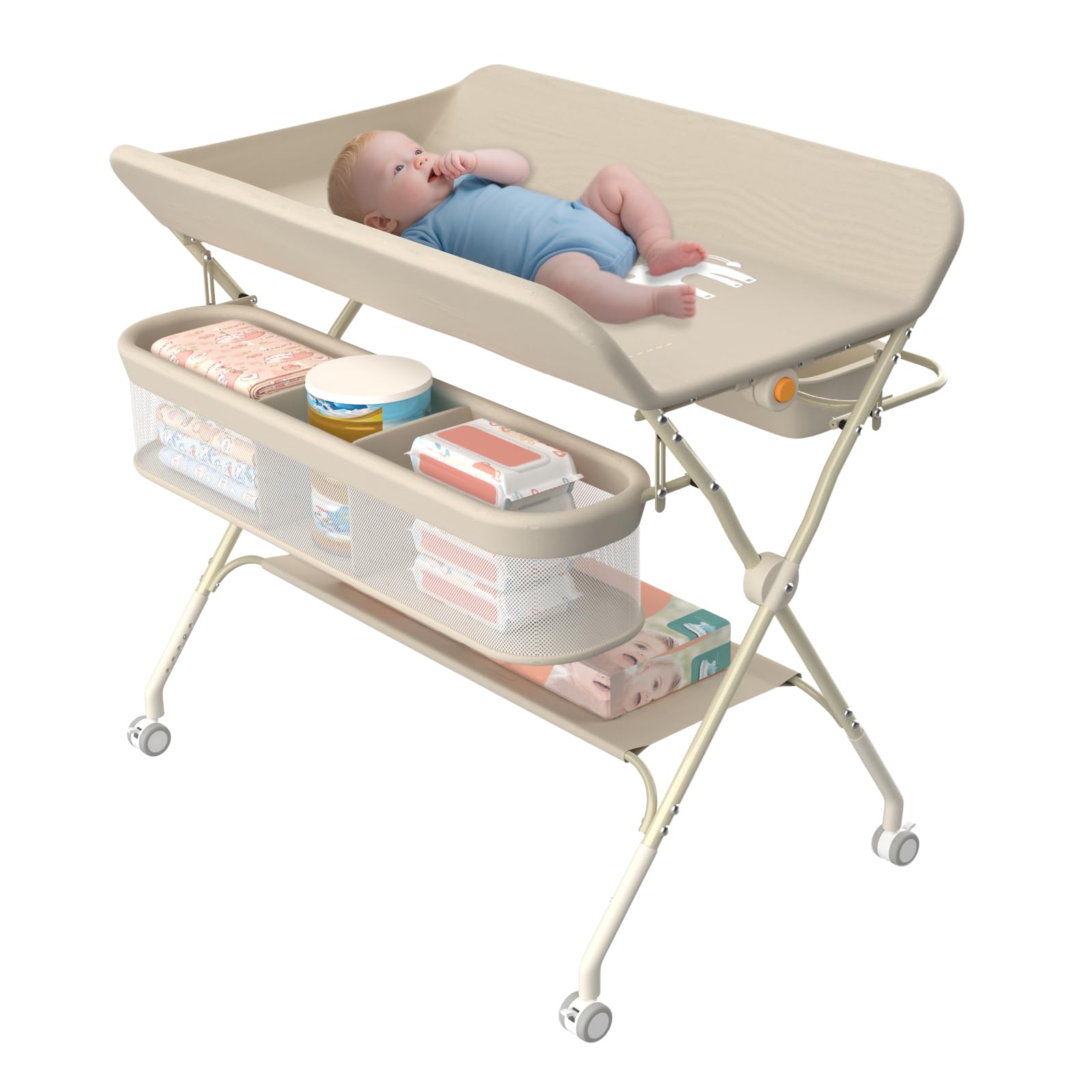 Supfine Table à Langer Pliable, Plan à Langer avec Panier Latéral et Tringle de Suspension, Réglable en Hauteur, avec roulettes Verrouillables (Crème, 4 en 1)