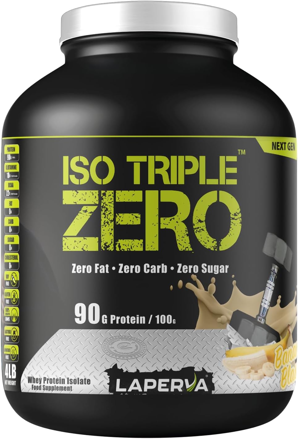 Laperva ISO Triple Zero Whey Protein Isolate – Over 27g Protein, Zero Carb, Zero Sugar, Zero Fat – BCAA-Rich, Fast Absorption, Soy-Free, Halal-Certified (4lb - 72 Servings) (Banana)