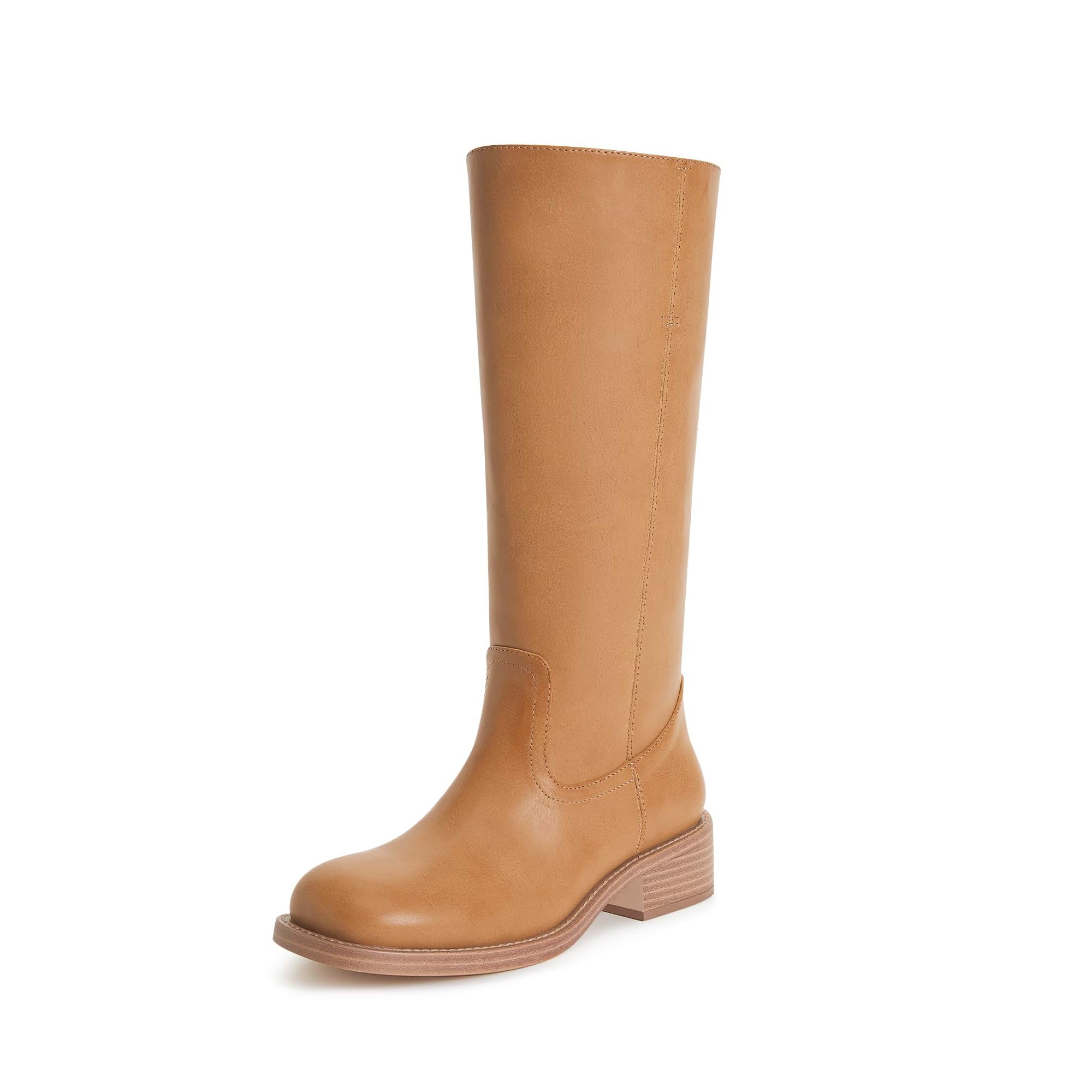 JustFab Womens Knee High Boots Faux Leather Brown Riding Boots Knee High Boots for Women Womens Low Heel