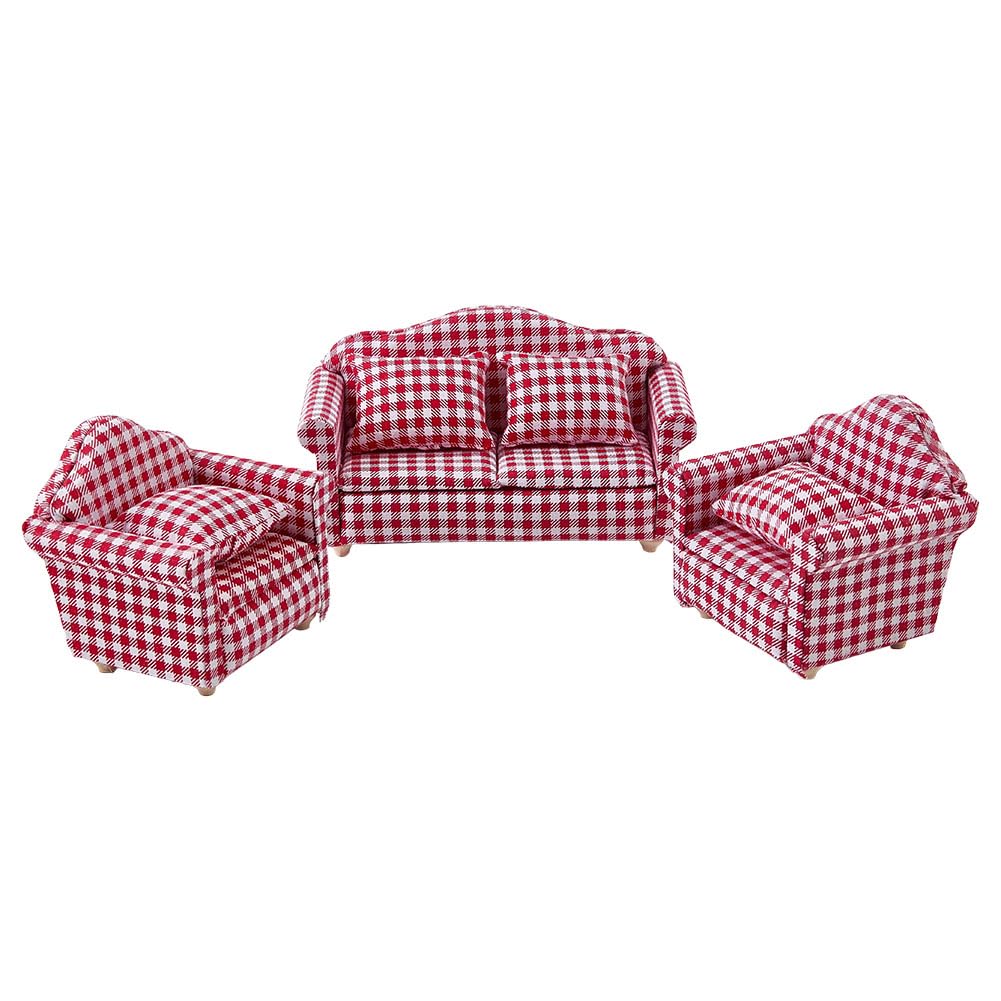 FINGERINSPIRE 3PCS 1/12 Scale Dollhouse Sofa Set Including 1PC Two-person and 2pcs Single-person Sofas Dark Red Tartan Pattern Miniature Sofas with Pillows Miniature Living Room Furniture Accessory