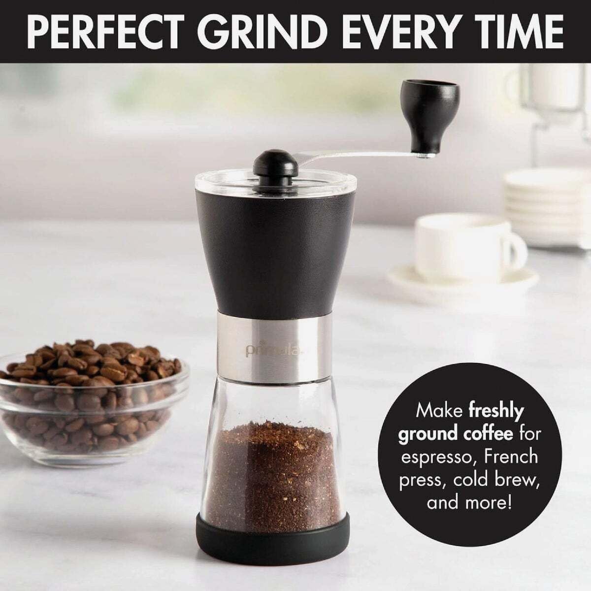 Primula Molinillo de café manual ajustable para fresas, molino de cerámica y cuerpo de acero inoxidable cepillado, grano entero para prensa francesa, cerveza fría, espresso, camping
