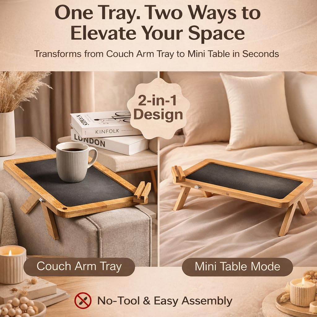 Couch Arm Tray Table with Adjustable Legs – Bamboo Sofa Arm Tray with Removable Phone Holder & Non-Slip Mat – Couch Armrest Table for Drinks, Snacks & Remote – Fits Sofa Arms up to 8.8"