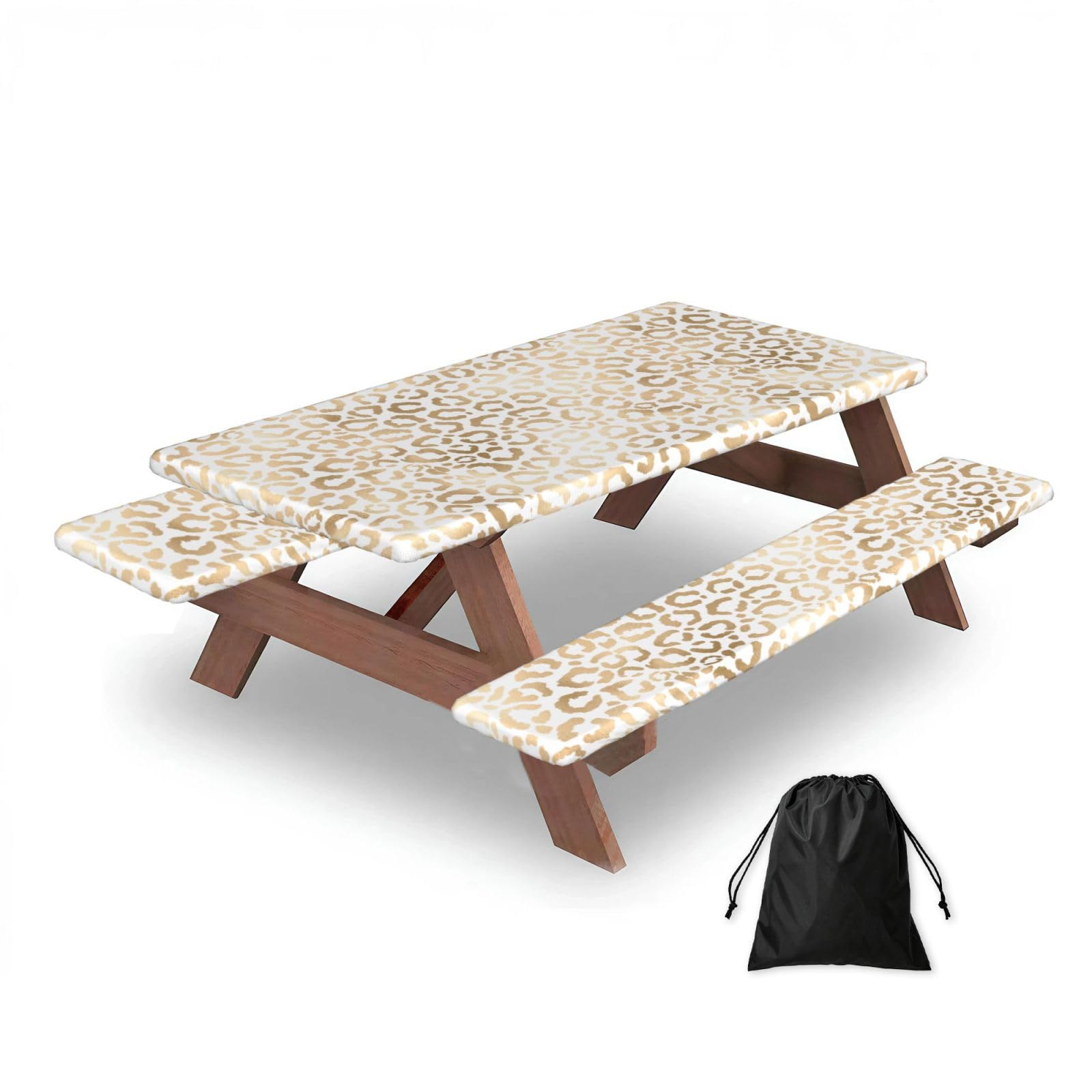 Elegant Gold White Leopard Cheetah, Picnic Table Cover With Bench Covers -Waterproof Elastic Fitted Tablecloth for Garden Camping Patio 76x152cm