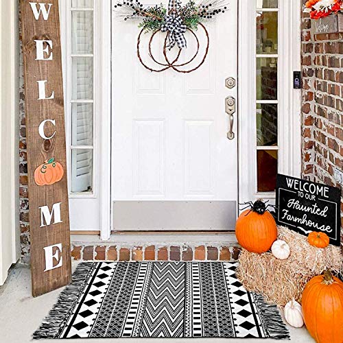 Iohouze Boho Bathroom Rug With Tassel, 2'X3', 100% Woven Black Geometric Rag Rug Fully Reversible, Cotton Machine Washable Boho Outdoor Rug For Kitchen Bedroom Living Room Laundry Entry Doorway #TOP6