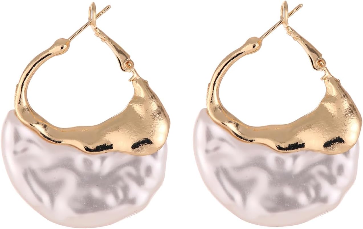 Large Irregular Pearl Hoop Earrings for Women,Exaggerated Gold Statement Geometric Big Drop Dangle Earrings Deliacte Holiday Hawaii Jewelry Gifts - Image 2