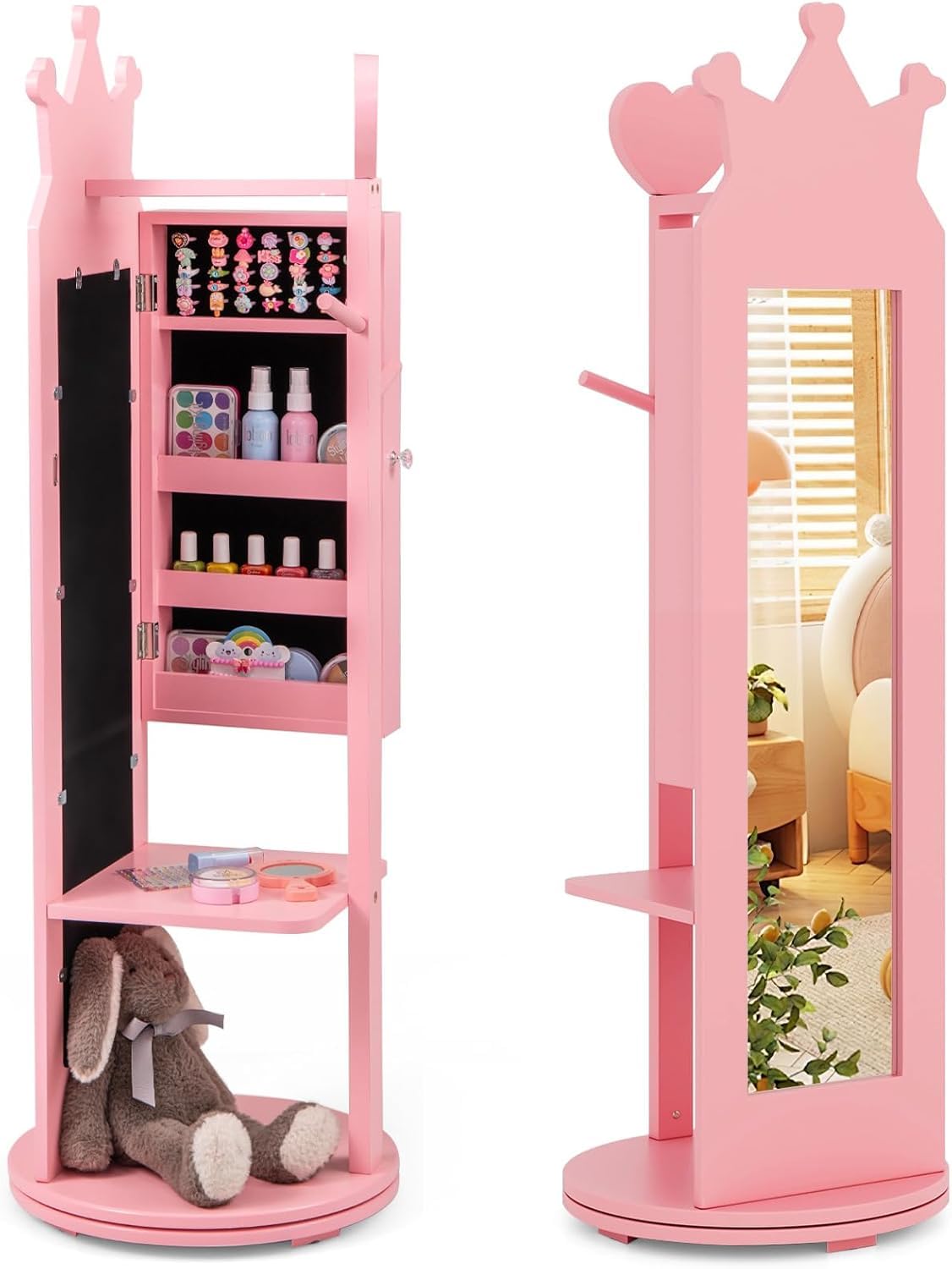 FANTASK Armadietto per gioielli per bambini, girevole a 360°, armadio a specchio 4 in 1, con specchio e supporto per vestiti, organizer per gioielli da ragazza, colore rosa, per bambini a partire dai