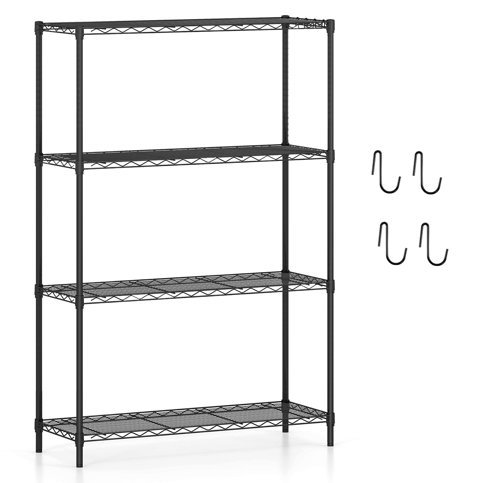 COSTWAY 3/4/5/6-Tier Metal Shelving Unit, Adjustable Wire Storage Shelves with V-shaped Shelving Rack & 4 Hooks, Narrow Utility Storage Shelf for Home Kitchen Garage (91 x 35 x 138cm, 4)