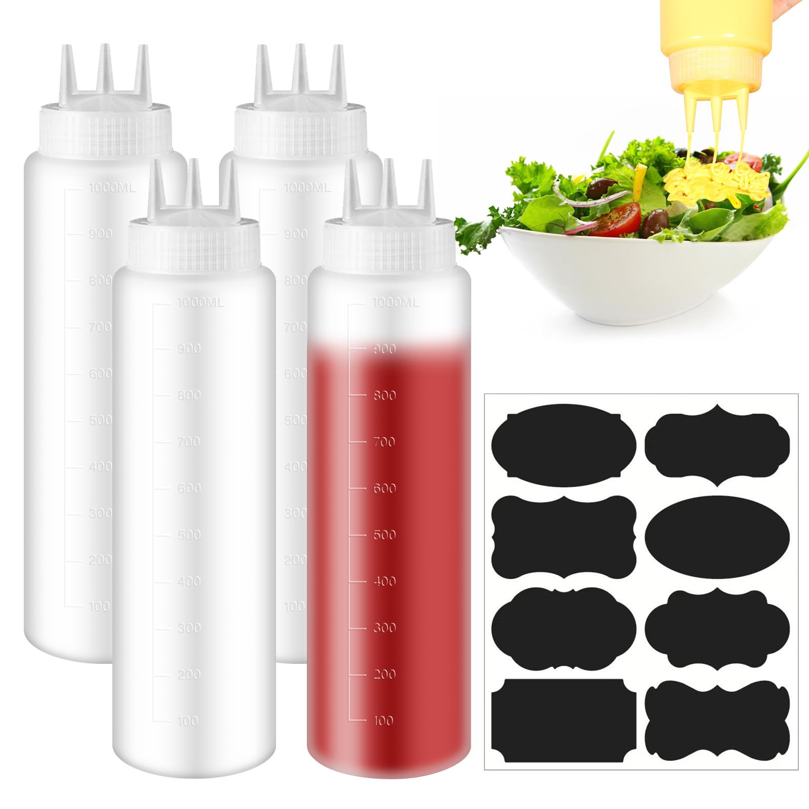 Bottiglia a Squeez 3 Ugelli 4 Pezzi 1000ml Bottiglie per Salse con Etichetta e Penna Scrivente, Bottiglie a Squeez per Salse, Spezie, Ketchup, Sciroppo, BBQ, Salse, Senape, Insalata