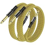 HOSONGIN Guitar Cable 2 Pack 10ft - 1/4 Inch Electric Instrument Cable Bass AMP Cord for Electric Guitar, Bass Guitar, Electric Mandolin, Pro Audio - Yellow/Brown Braided Tweed, 24K Gold Plated Plug