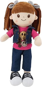 Linzy 15" Little Sweet Hearts Riley Doll for Girls, Soft Plush Rag Doll with Brown Pigtails, Denim Vest & Pink Smile Shirt, Stuffed Play Doll for Toddlers Kids, Birthday Gift for Ages 3+