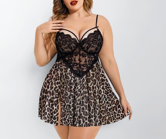 Women's Plus Size Babydoll One Piece Lingerie Set in Leopard Print Wedding Nightwear for Ladies Honeymoon and Anniversary Night