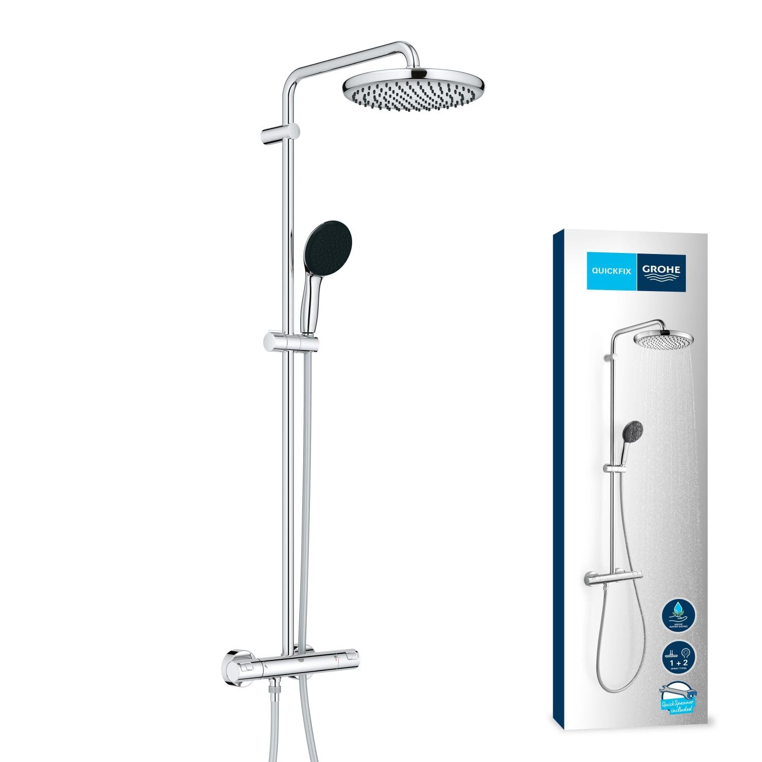 GROHE Vitalio Start 250 – Exposed Thermostatic Shower with Aquadimmer Function (Round 25 cm Head 1 Spray: Rain, Round 11cm Hand Shower 2 Sprays: Rain & Jet, Water Saving), Chrome, 26677001