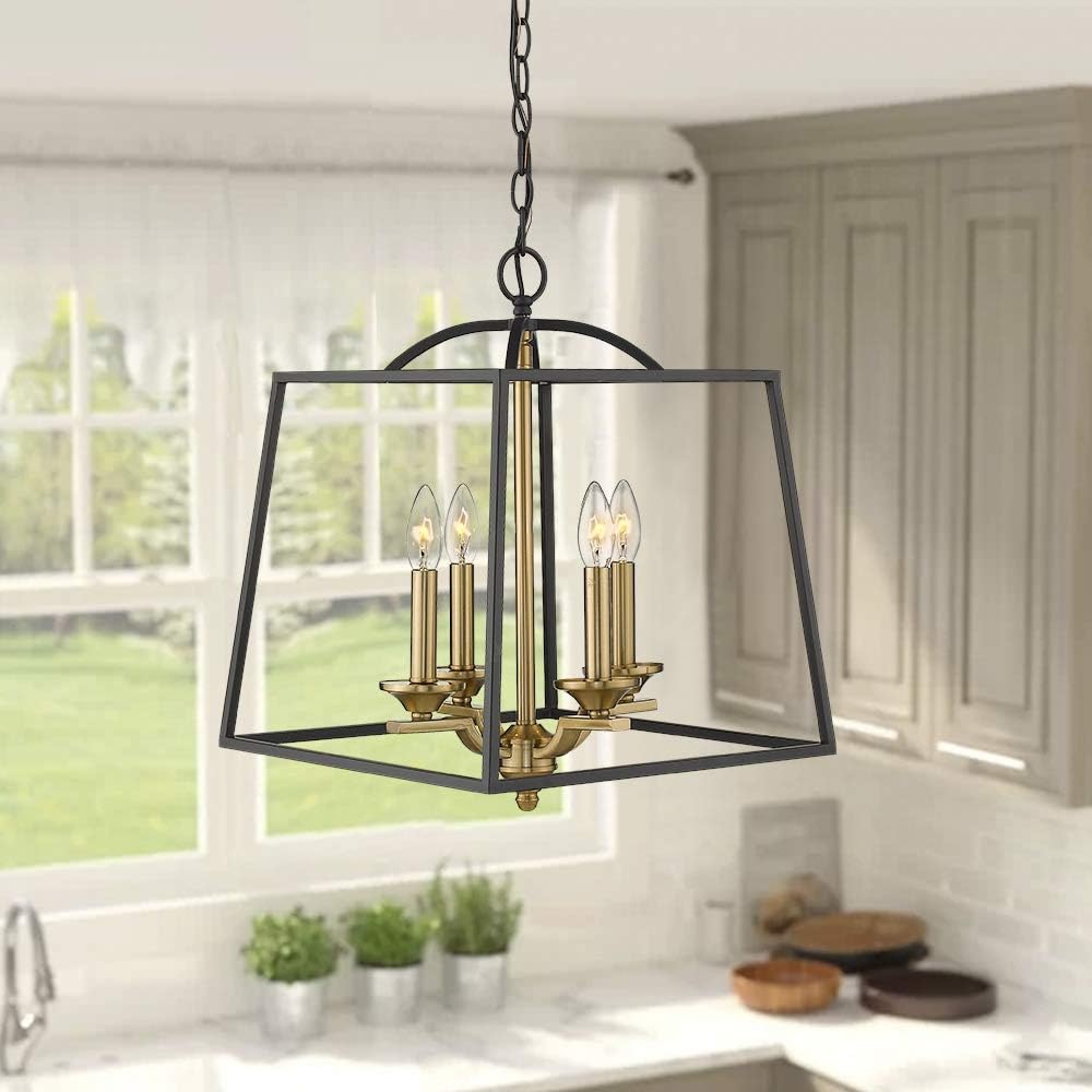 Exсluѕіvе Dіѕсоunt 80% оƒƒеr Emliviar 4 Light Foyer Chandelier, Lantern Pendant Light Cage Hanging Light for Entryway Dining Room, Black and Gold Finish, 2086P-4 BG