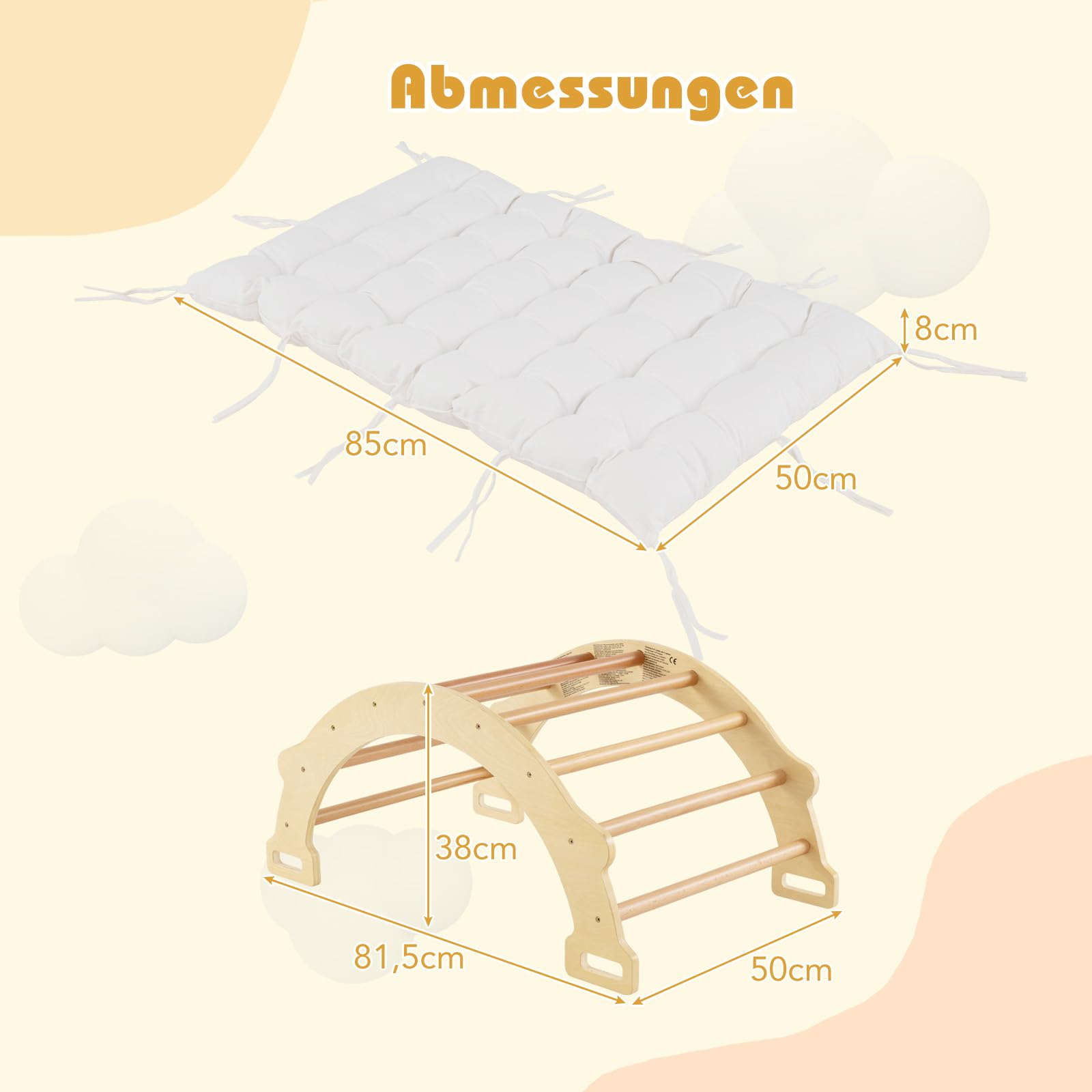 DREAMADE 2 in 1 Kletterbogen mit Kissen, Bogenwippe aus Holz, Holzwippe zum Klettern, Klettergerüst Indoor Kletterdreieck für Kinder ab 3 Jahren (Natur)