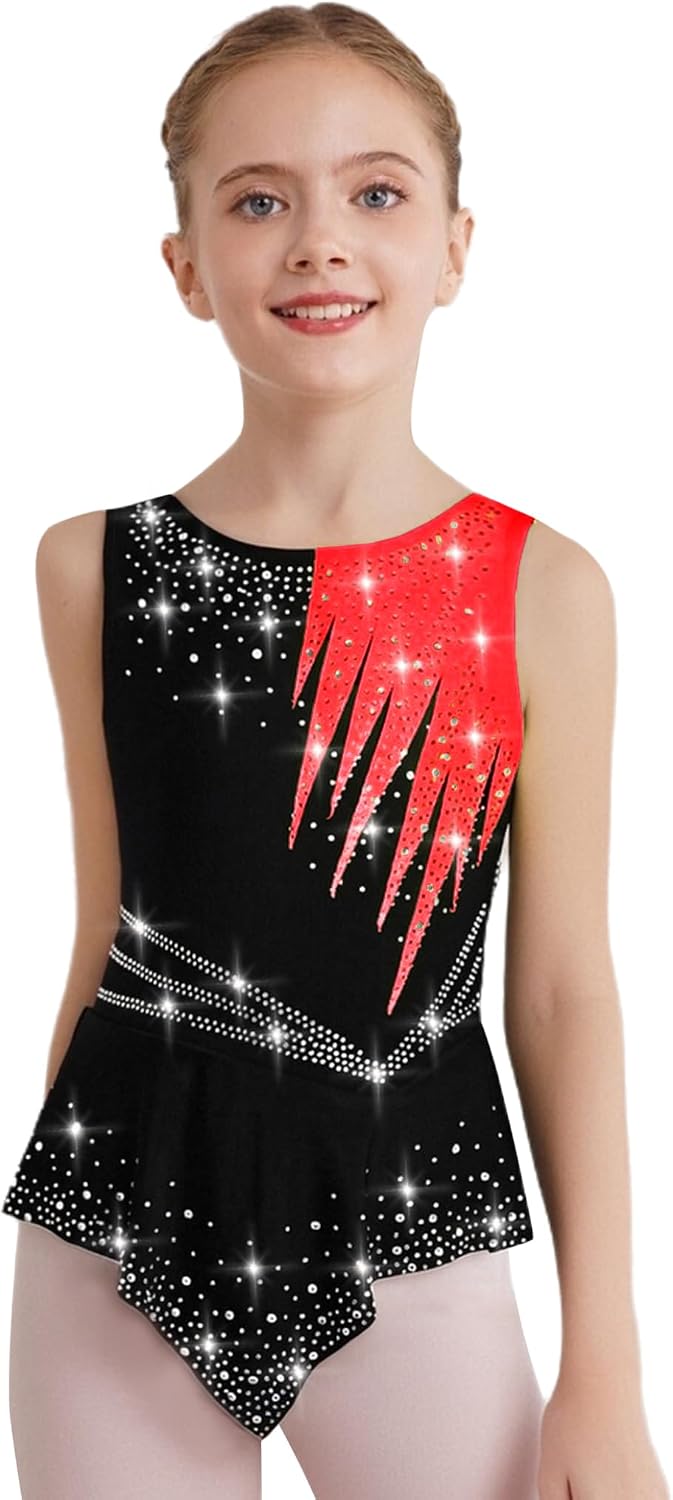 Shinsto Kid Girls Gymnastic Leotard Sleeveless Shiny Rhinestones Ballet Dance One Piece Outfit