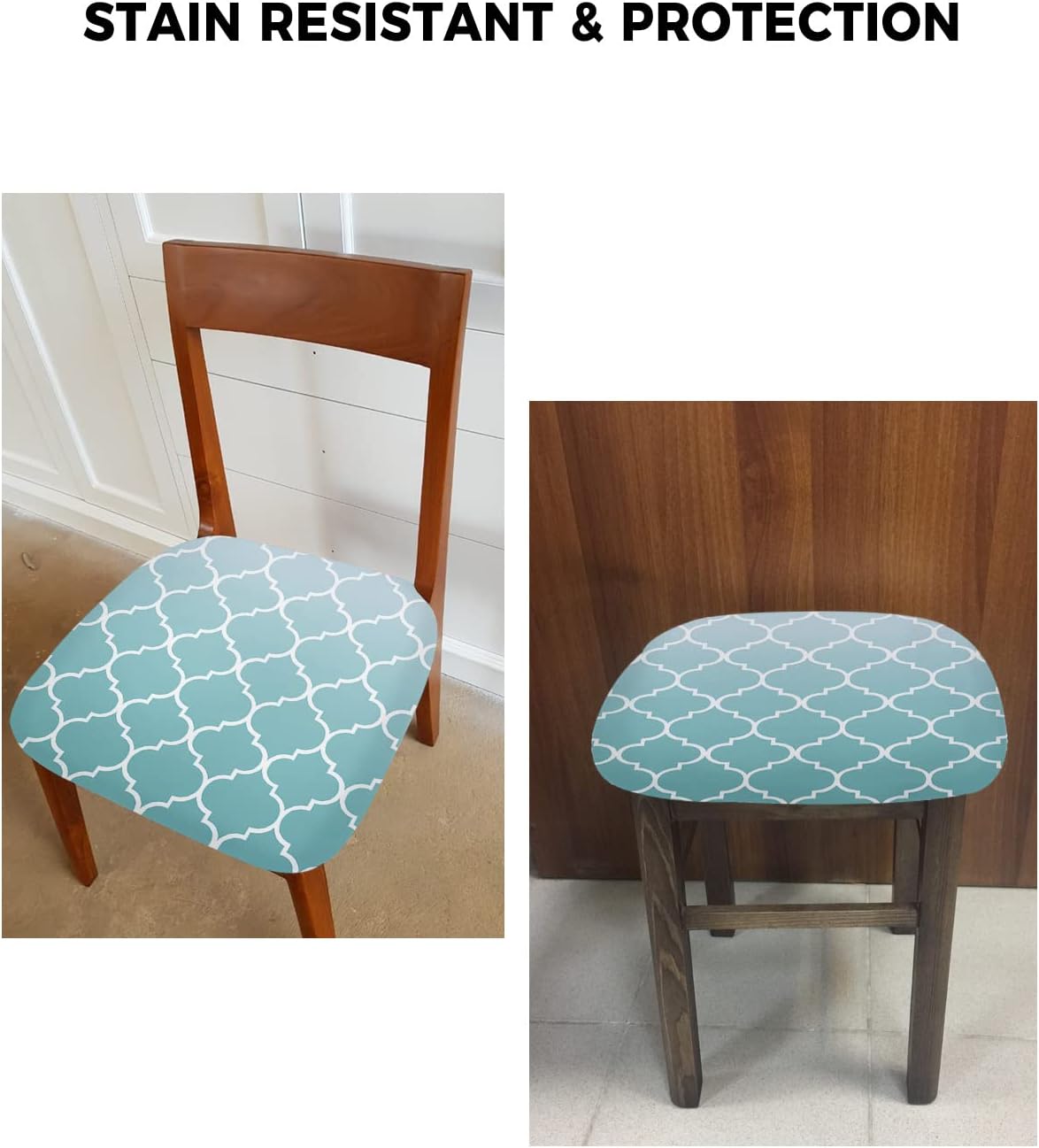 Teal White Ombre Morocco Pattern Seat Covers for Dining Room Chairs Covers, Office Chair Seat Cover, Turquoise Modern Moroccan Geometric Chair Slipcovers Protector for Kitchen Set of 4