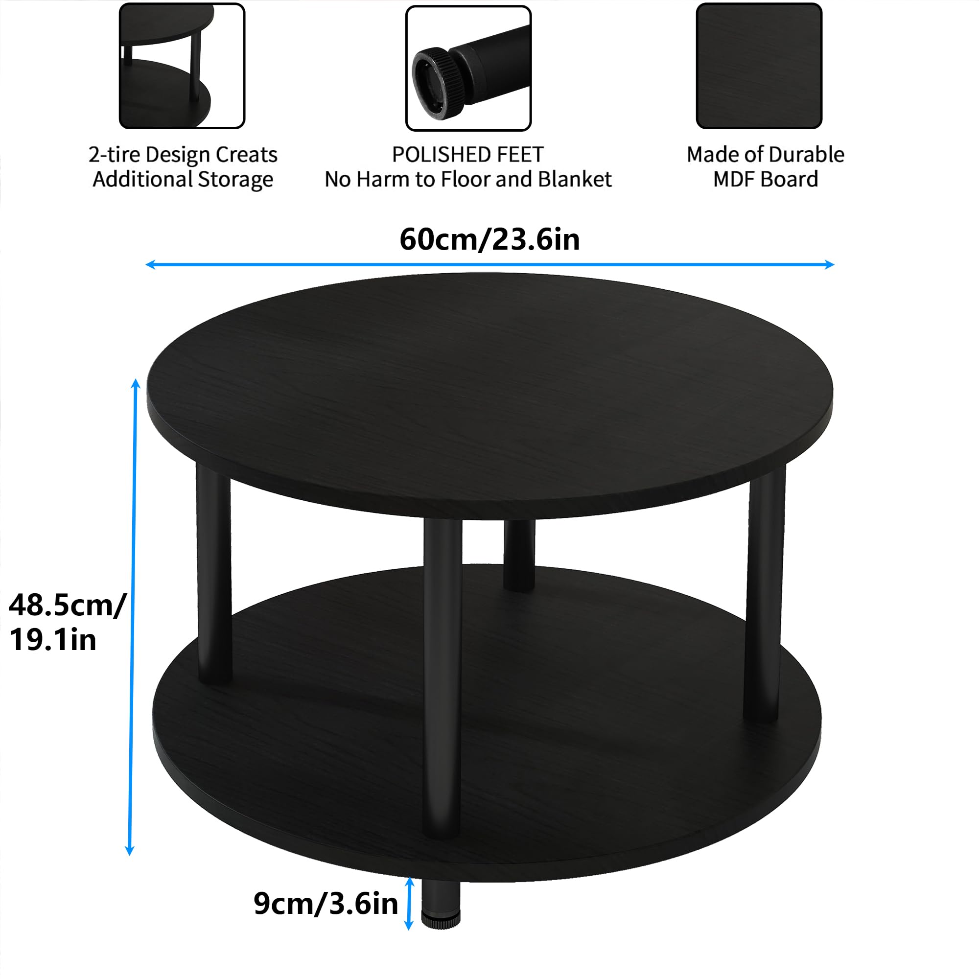 Couchtisch Rund, 2 Ablagen, Wohnzimmertisch, Beistelltisch, Kaffeetisch, Sofatisch, für Wohnzimmer, Schlafzimmer, stabiles Metallgestell/MDF Platte, 60 x 60 x 48.5 cm, schwarz-schwarz