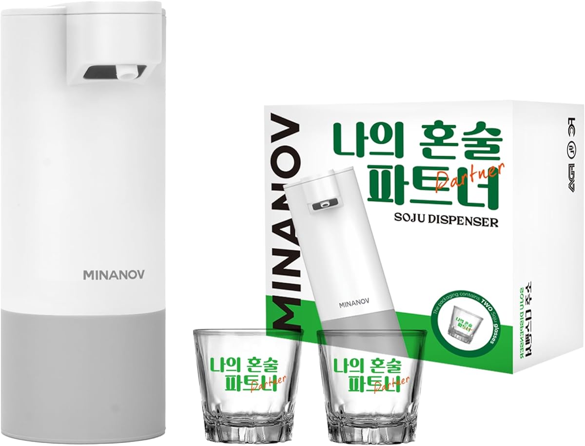 Minanov Soju Dispenser - Battery Powered Automatic Dispensers - Easy To Clean, BPA Free One Touch Korean Soju Dispenser with 2 Shot Glasses- Ideal for Parties So-Ju Drinkers, KBBQ Lovers