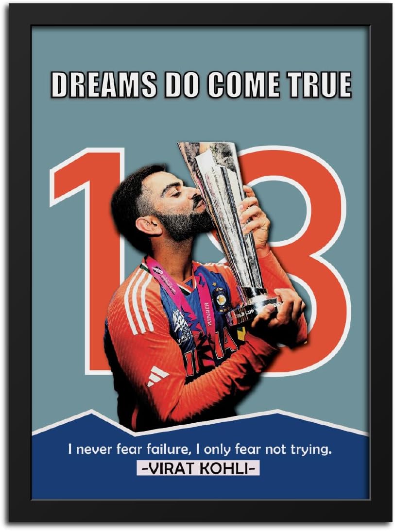 inspire TA Virat Kohli World Cup Champion Motivational Photo Framed Poster For India Cricket Sports Studio Cafe Wall Frame, Laminated Poster With Black Frame (12 X 9 INCHES)
