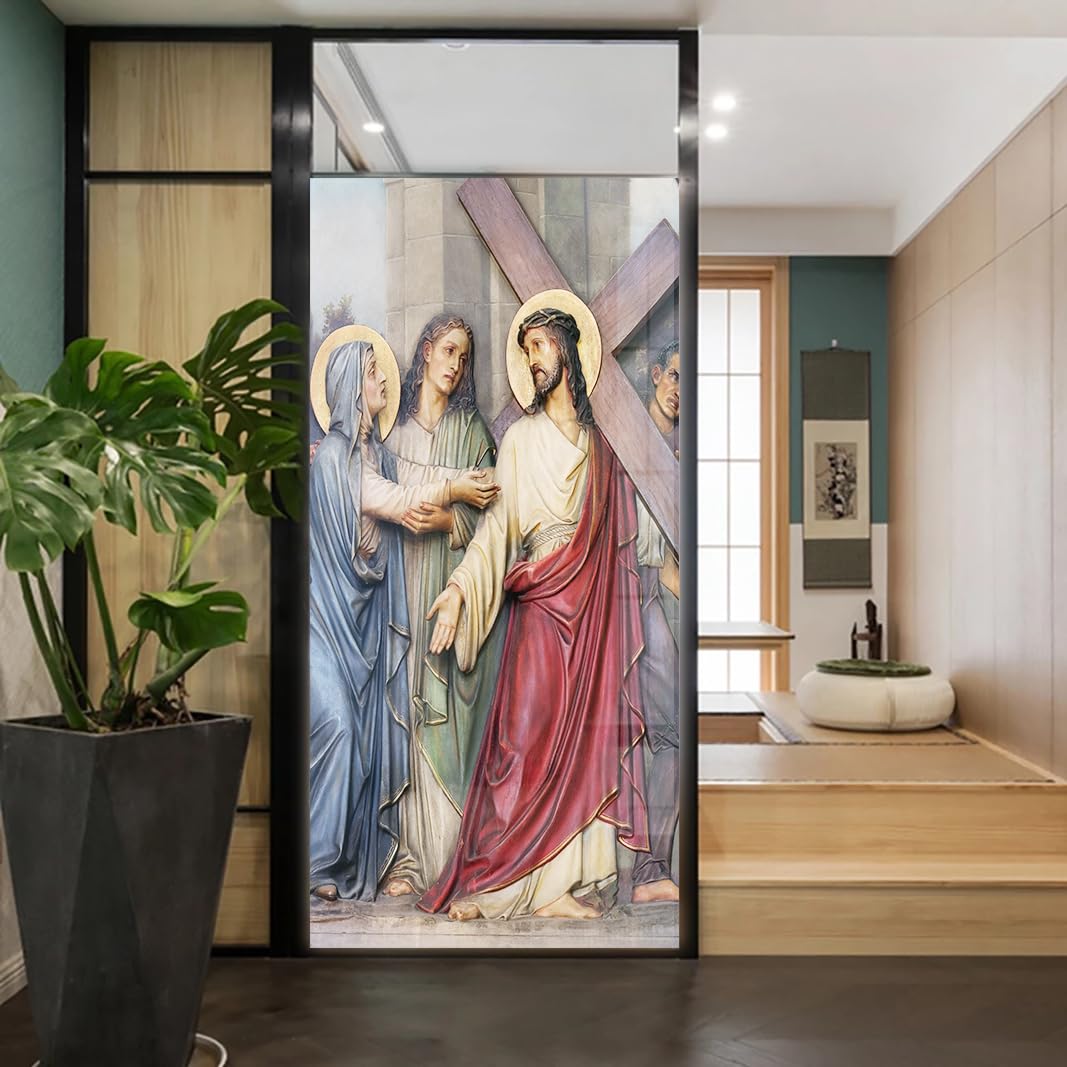 Church Style Stained Glass Window Film Decorative Privacy Non Adhesive Window Stickers for Home Office J4 80x120cm(31.5